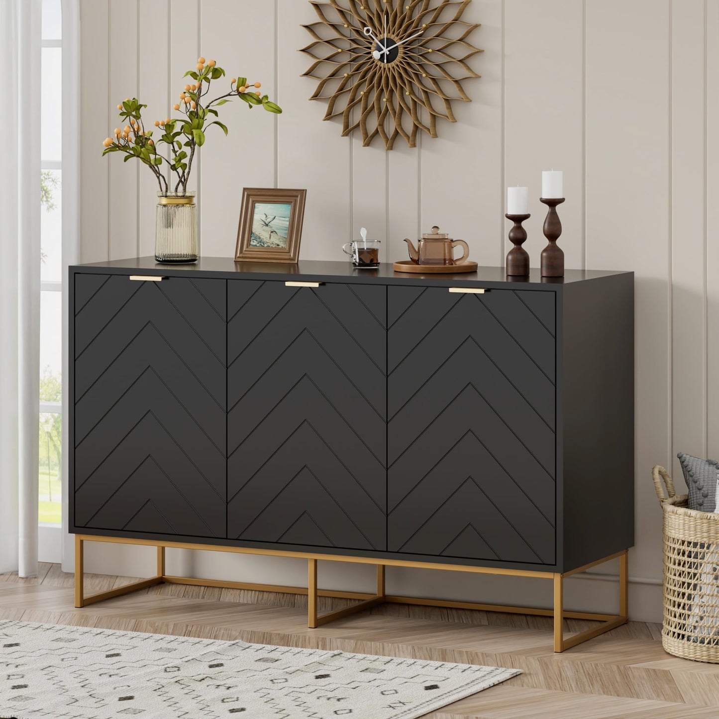 Black Sideboard Buffet Cabinet with 3 Doors, Sideboard Buffet Cabinet with Adjustable Shelf, Accent Sideboard Storage Cabinet, Antique Cabinet for Living Room&Kitchen