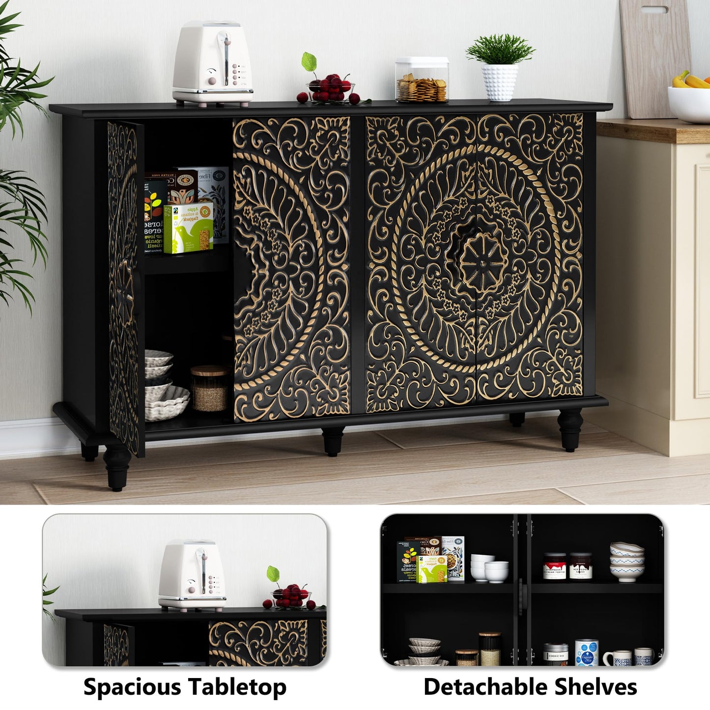 Decorative Sideboard Buffet Cabinet with 4 Doors, Black Accent Storage Cabinet with Carved Flower Pattern, Wood Credenza for Living Room, Hallway, Dining Room, Kitchen