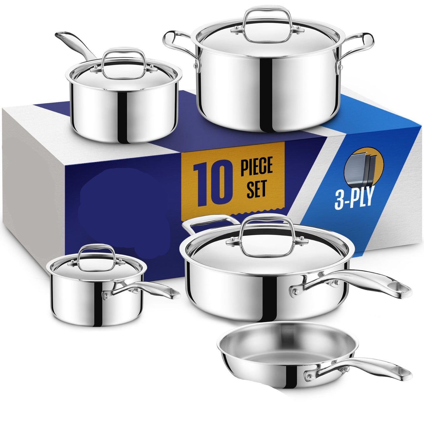 3 Ply Stainless Steel Pots and Pans Set | 10-Piece, Induction, Oven Safe | Best 18/8 Full Clad | Premium Kitchen Cooking