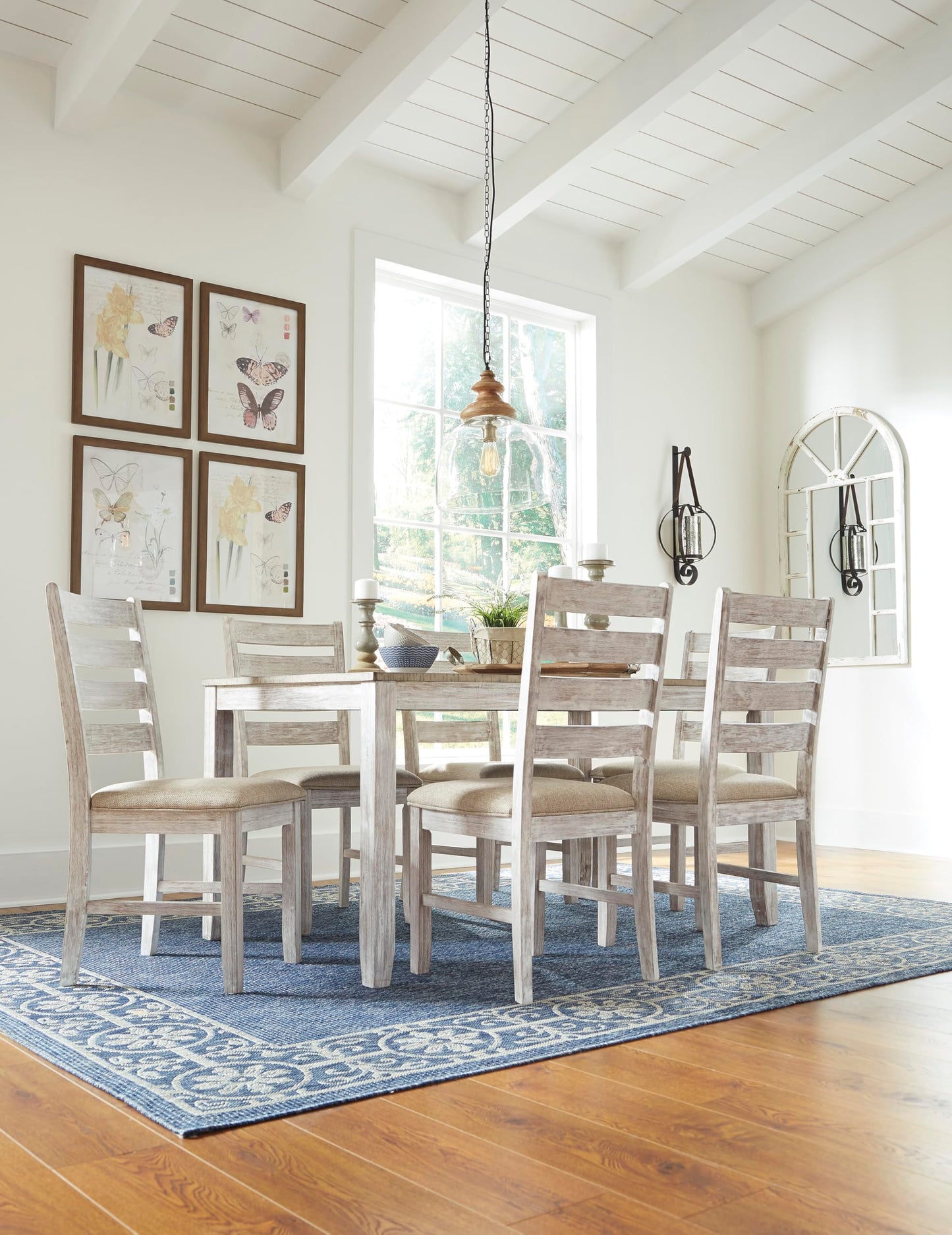 Skempton Cottage Dining Room Table Set with 6 Upholstered Chairs, Whitewash