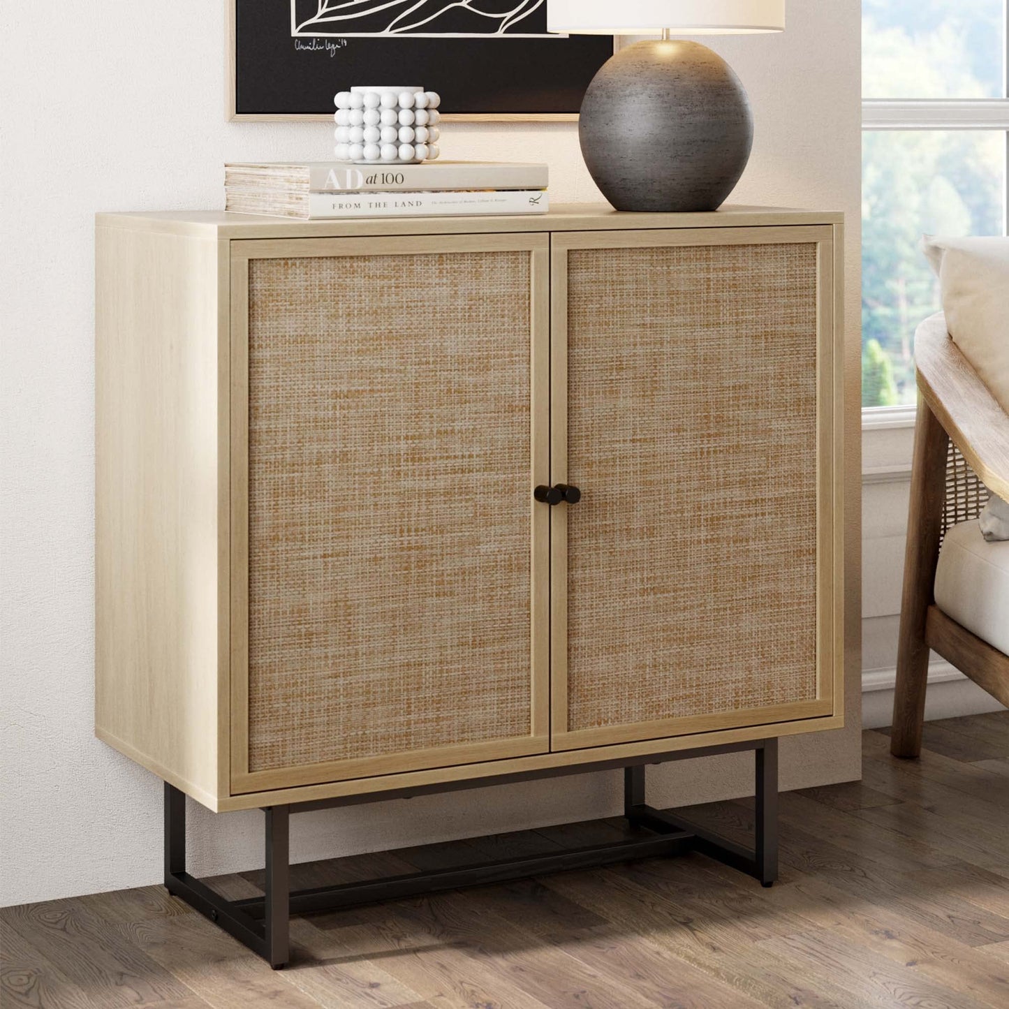 Accent Sideboard Storage Cabinet in Light Wood and Rattan with Metal Frame, Adjustable Shelves and Cane Doors, for Hallway, or Living Room, Light Oak/Cane/Black