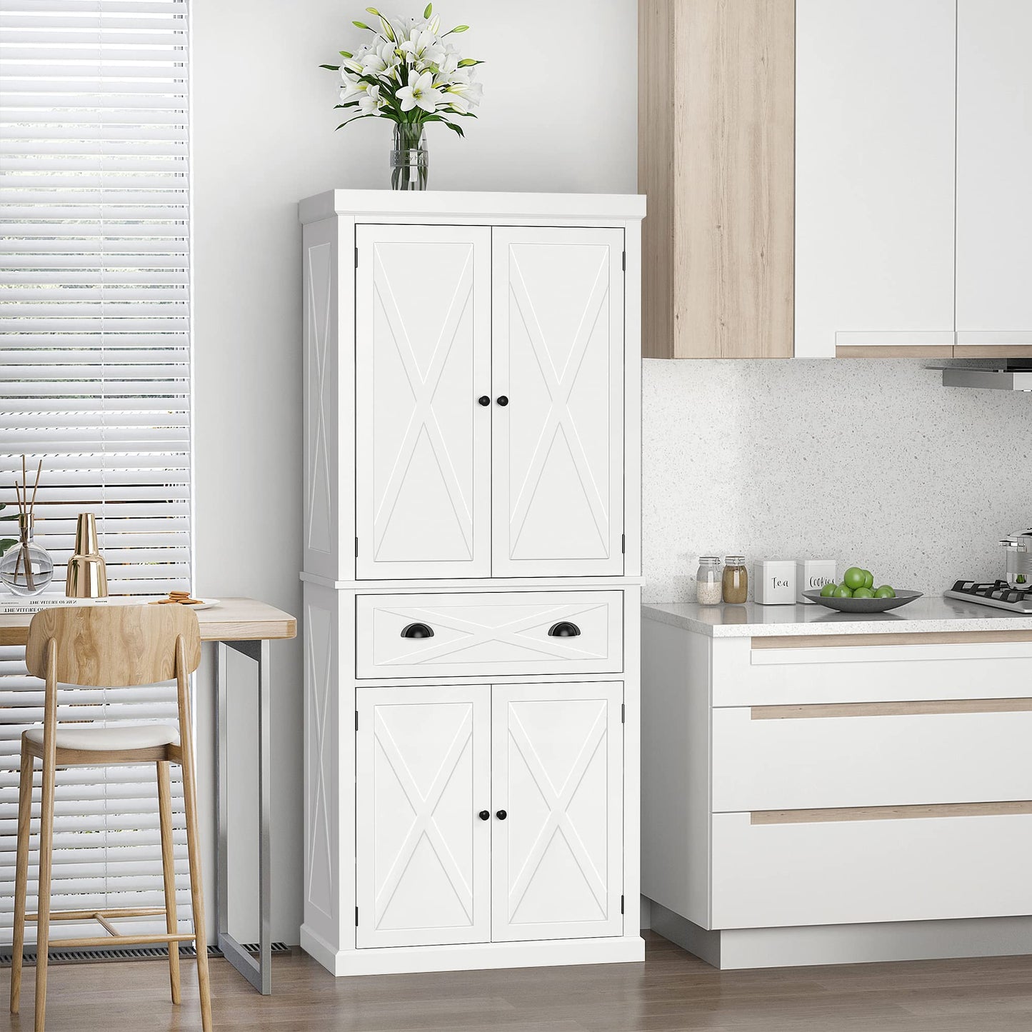 72" Kitchen Pantry Storage Cabinet, Traditional Freestanding Cupboard with 4 Doors and 3 Adjustable Shelves, Large Central Drawer, X-Frame, White