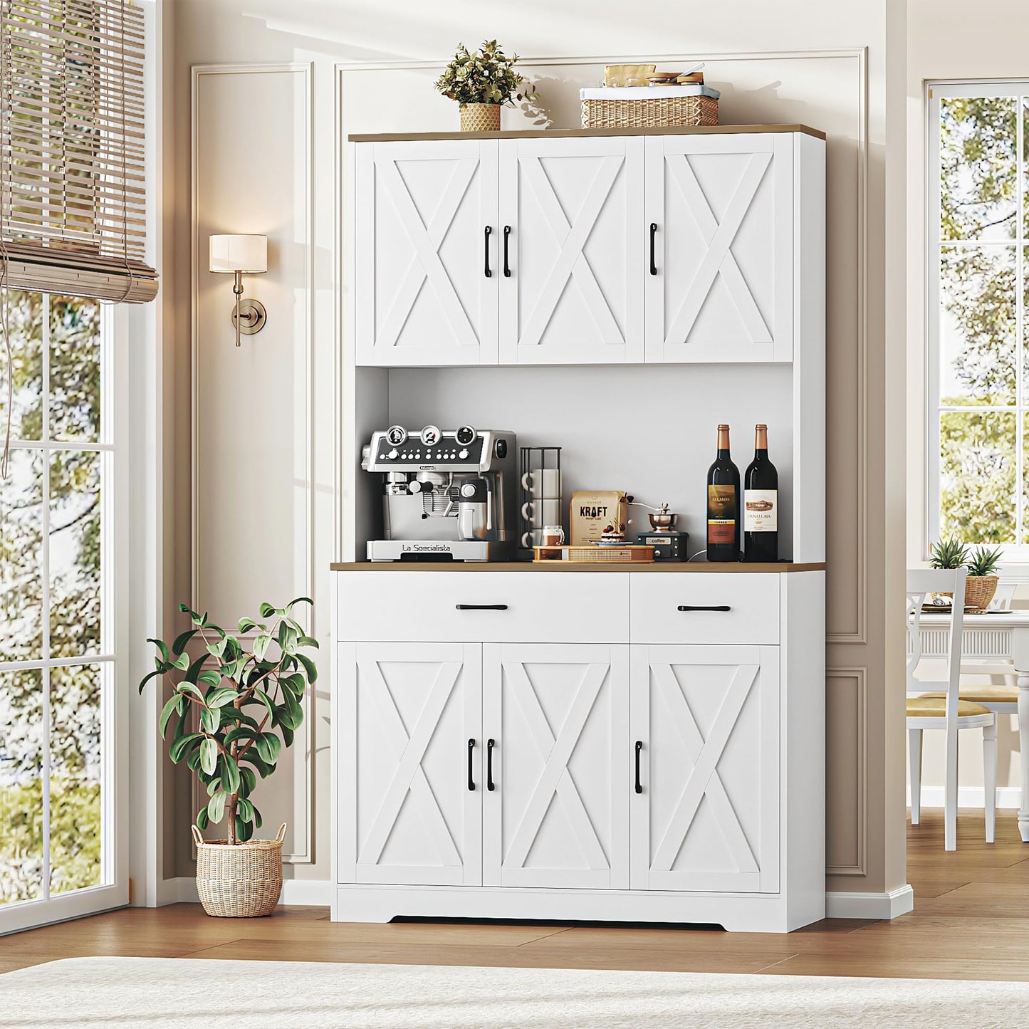 71" Pantry Cabinet with Charging Station, Tall Kitchen Pantry Storage Cabinet with Microwave Stand, Farmhouse Kitchen Hutch Cabinet with Storage Drawers for Living Room, Dining Room, White