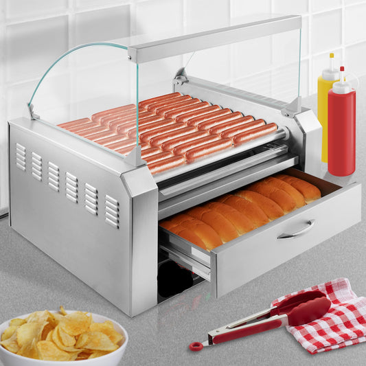 Electric 30 Hot Dog 11 Roller Grill Cooker Machine with Bun Warming Drawer and Cover - Commercial Grade, Stainless Steel