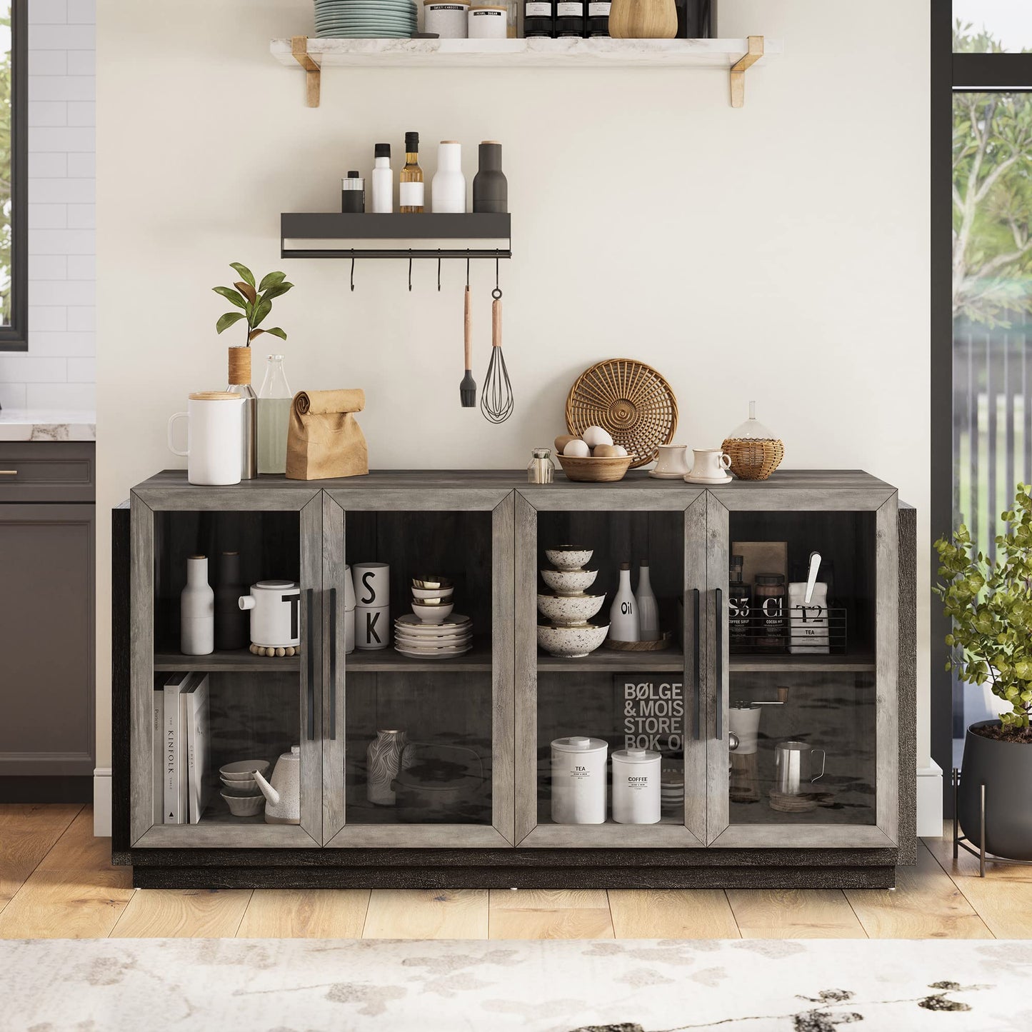 Sideboard Buffet Cabinet, Modern Wood Glass-Buffet-Sideboard with Storage, Console Table for Kitchen, Dining Room, Living Room, Hallway, or Entrance - Brixston (Grey)