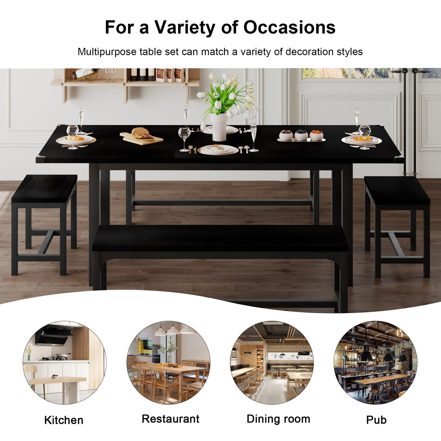 5-Piece Dining Table Set for 4-8 People, 63" Large Extendable Kitchen Table Set with 2 Benches and 2 Square Stools, Dining Room Table with MDF Wood Board, Easy Assembly, Black