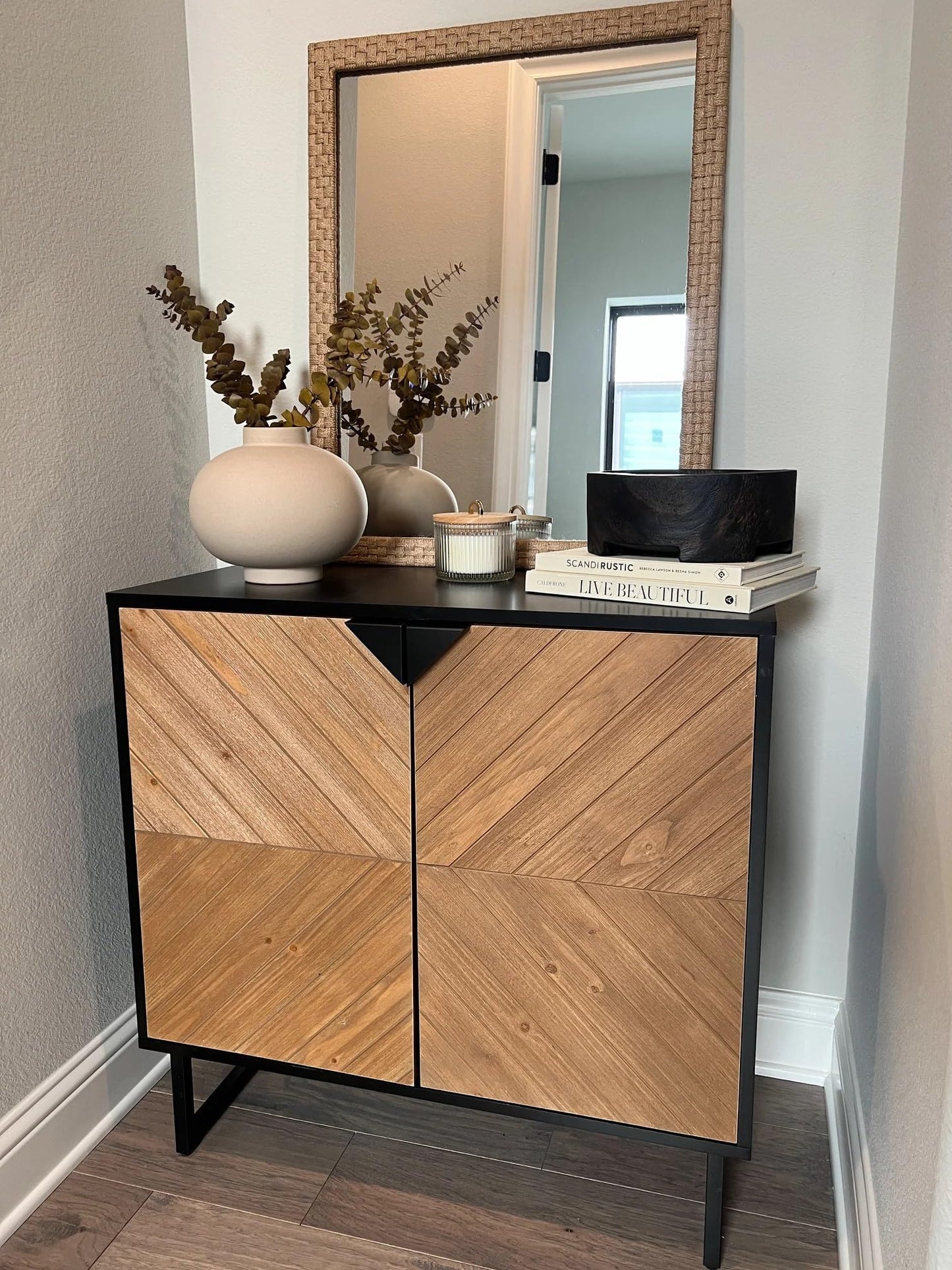 Enloe Modern Sideboard Buffet Storage Accent Cabinet Black with Doors in a Rustic Pine Wood Finish and Matte Metal Base for Hallway, Entryway, Kitchen or Living Room, Walnut Brown/Black