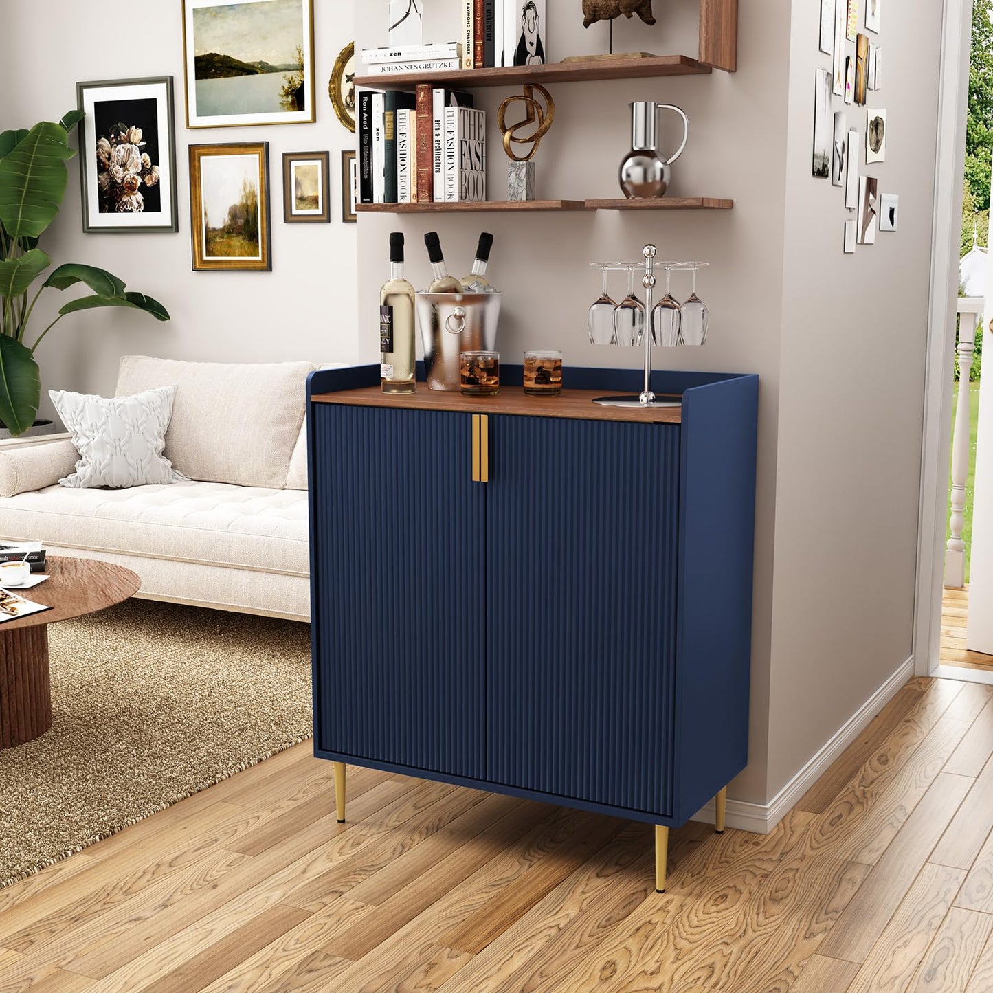 Sideboard Buffet Cabinet with Fluted Texture, Modern Coffee Bar Cabinet with Wine Rack&Drawers, Blue Liquor Cabinet for Kitchen Dining Room, Living Room