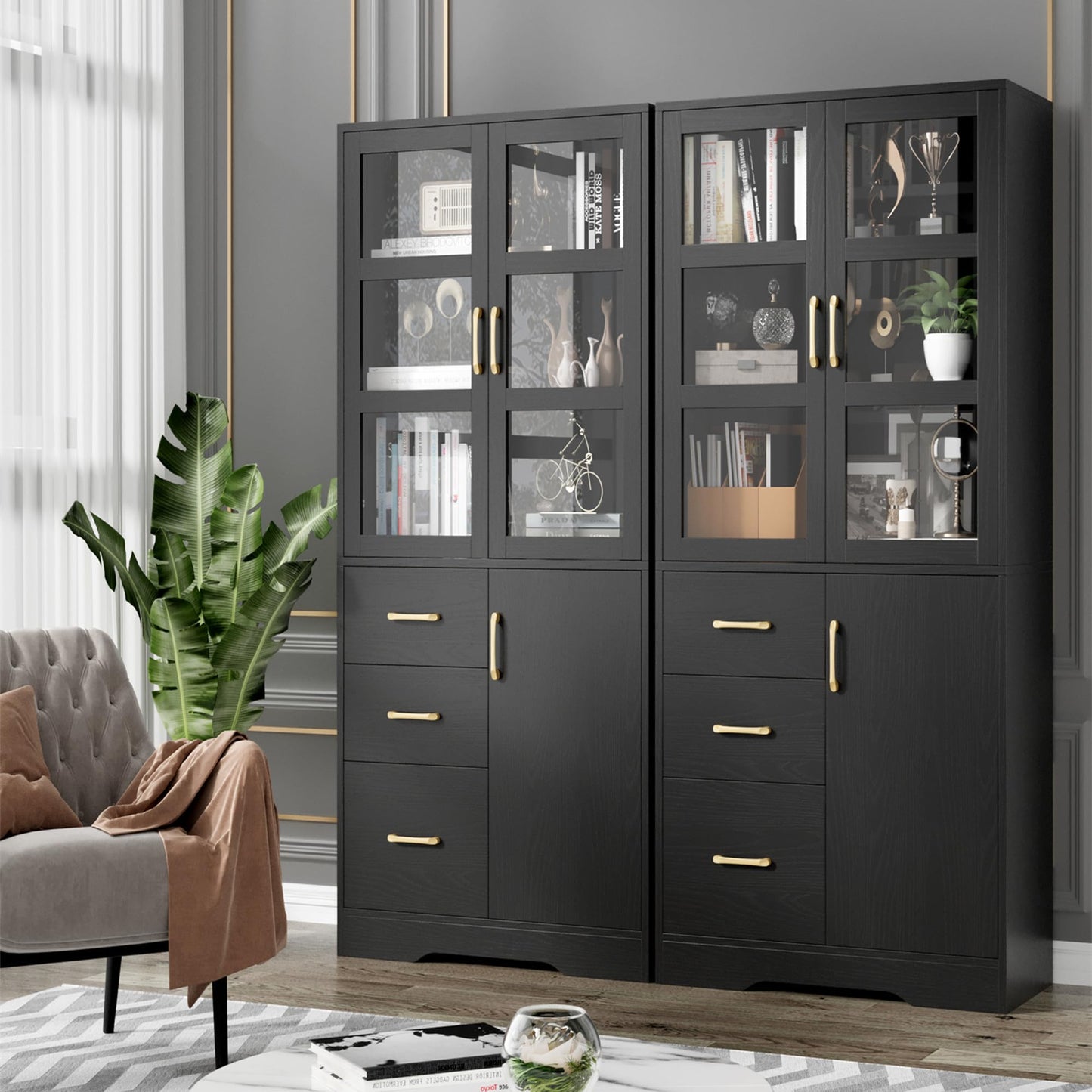 Tall Storage Cabinet with Glass Display Cabinet Doors & Shelves & 3 Drawers, 67”H Kitchen Pantry Cabinet with Gold Handle, Modern Linen Cabinet for Living, Kitchen and Dining Room, Office, Black