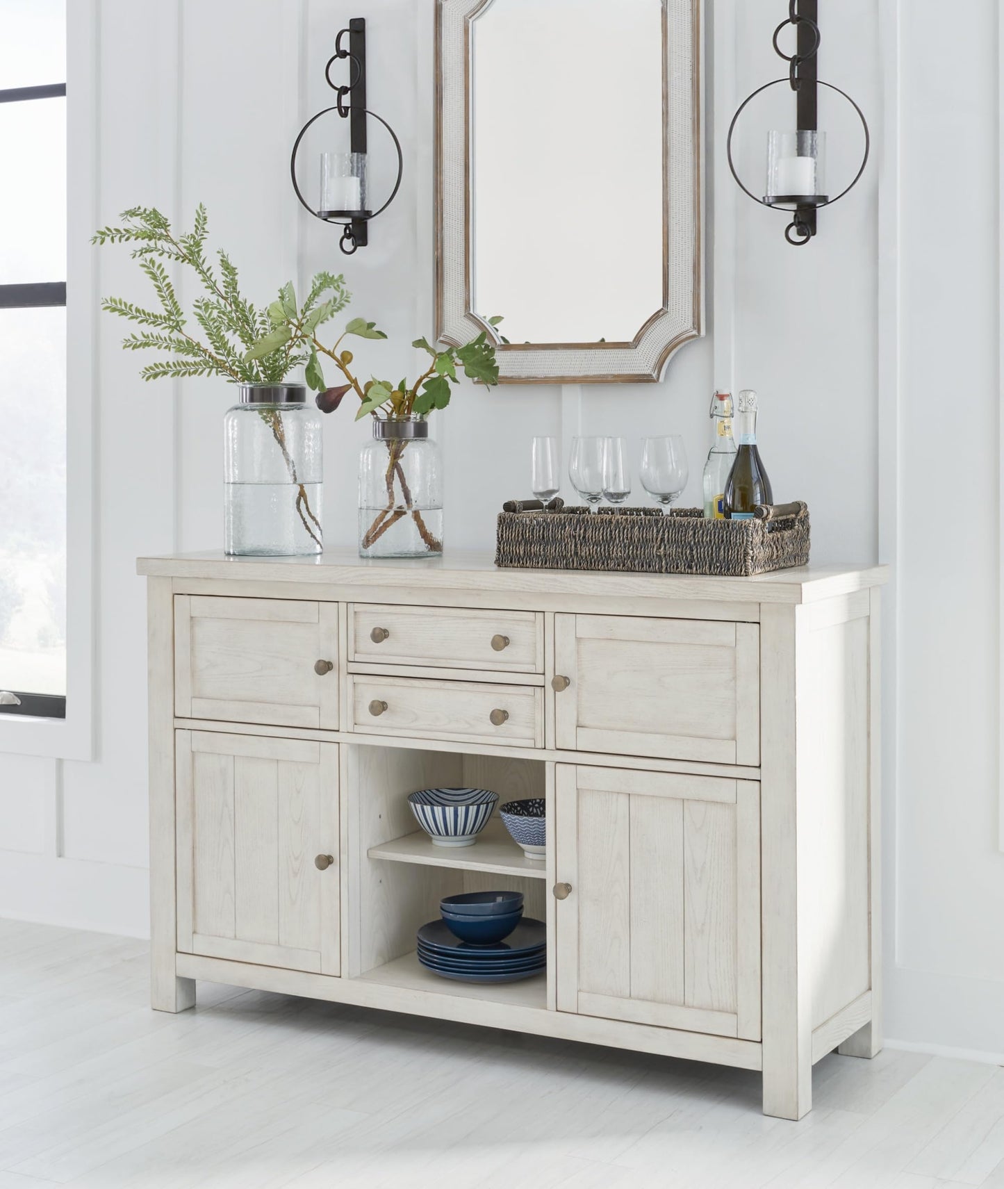 Robbinsdale Casual 4-Door Dining Server with Adjustable Shelves and Felt-Lined Drawers, White