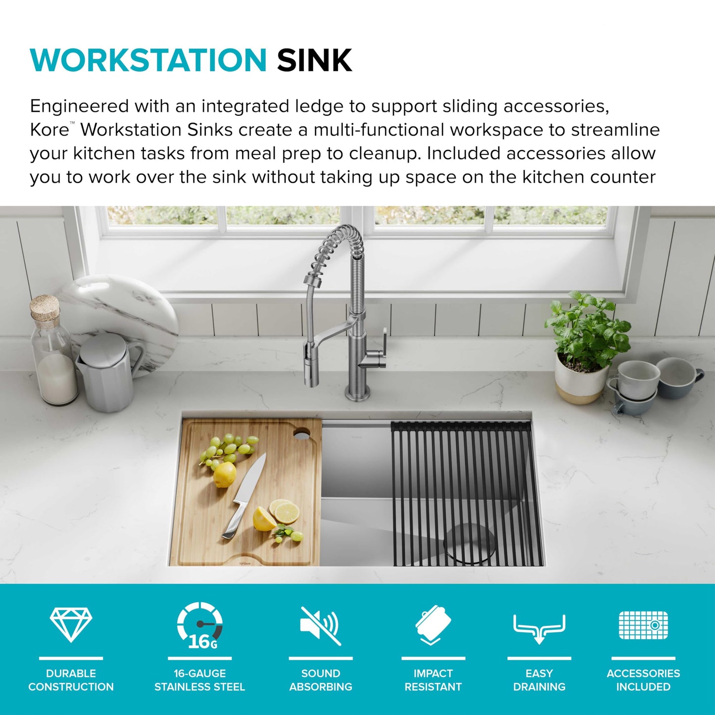 32-Inch Undermount Workstation 16 Gauge Single Bowl Stainless Steel Kitchen Sink with Accessories