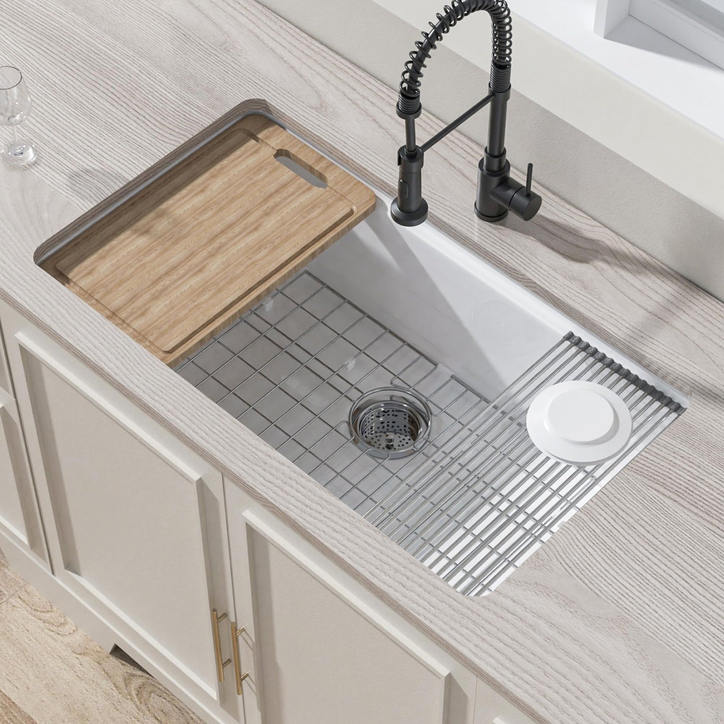 White Undermount Workstation Kitchen Sink 33 Inch - Topmount Fireclay Sink Drop In 33"x19"x10", Dual Mount, Large Single Bowl, with 4 Custom Accessories, Glossy White, for Kitchen