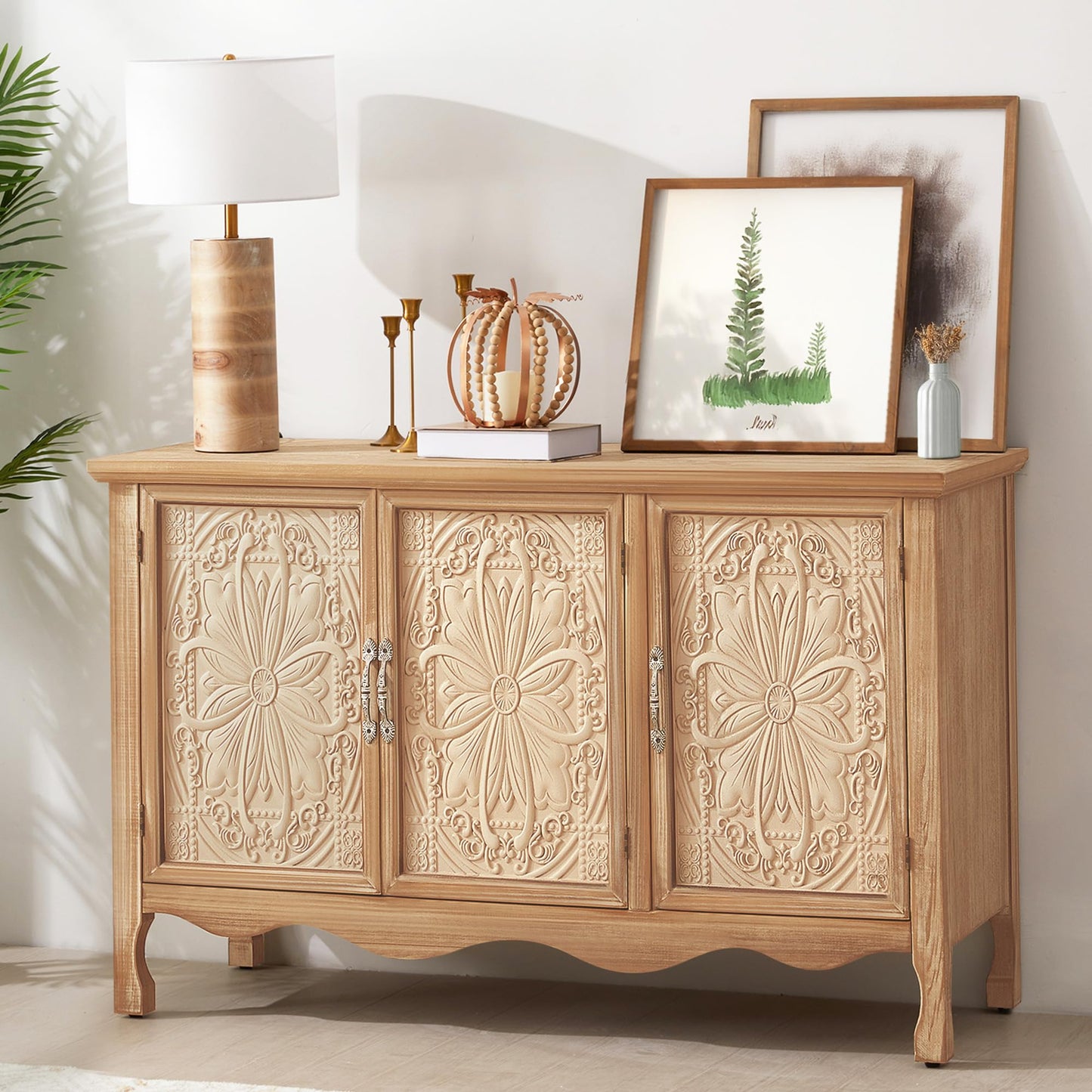 Solid Wood Sideboard Buffet Cabinet with Storage,49'' Farmhouse Credenza Accent Cabinet with 4 Doors, Console Table Entertaiment Center for Living Room, Entryway, Kitchen, Natural