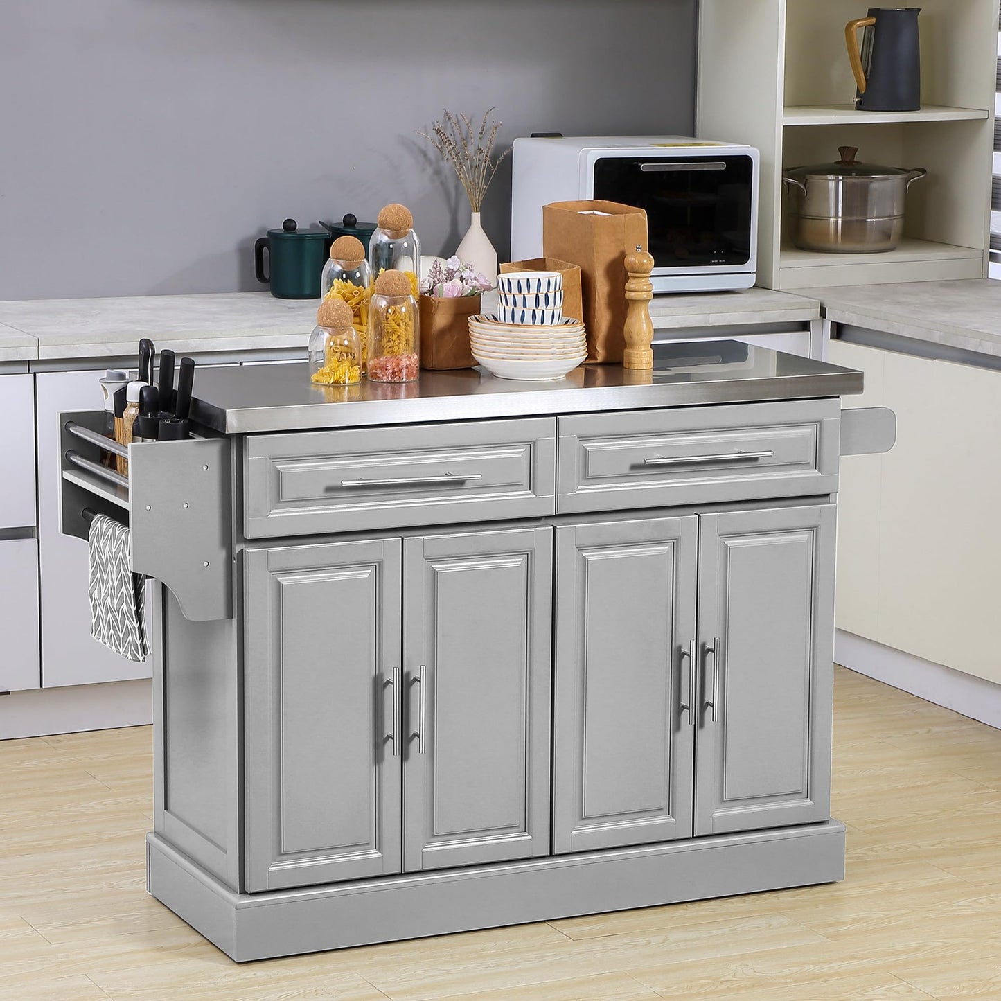 Rolling Island with Wheels for Kitchen, Portable Kitchen Island with Stainless Steel Top, Adjustable Shelves, 2 Drawers, Spice, Knife and Towel Rack, Gray