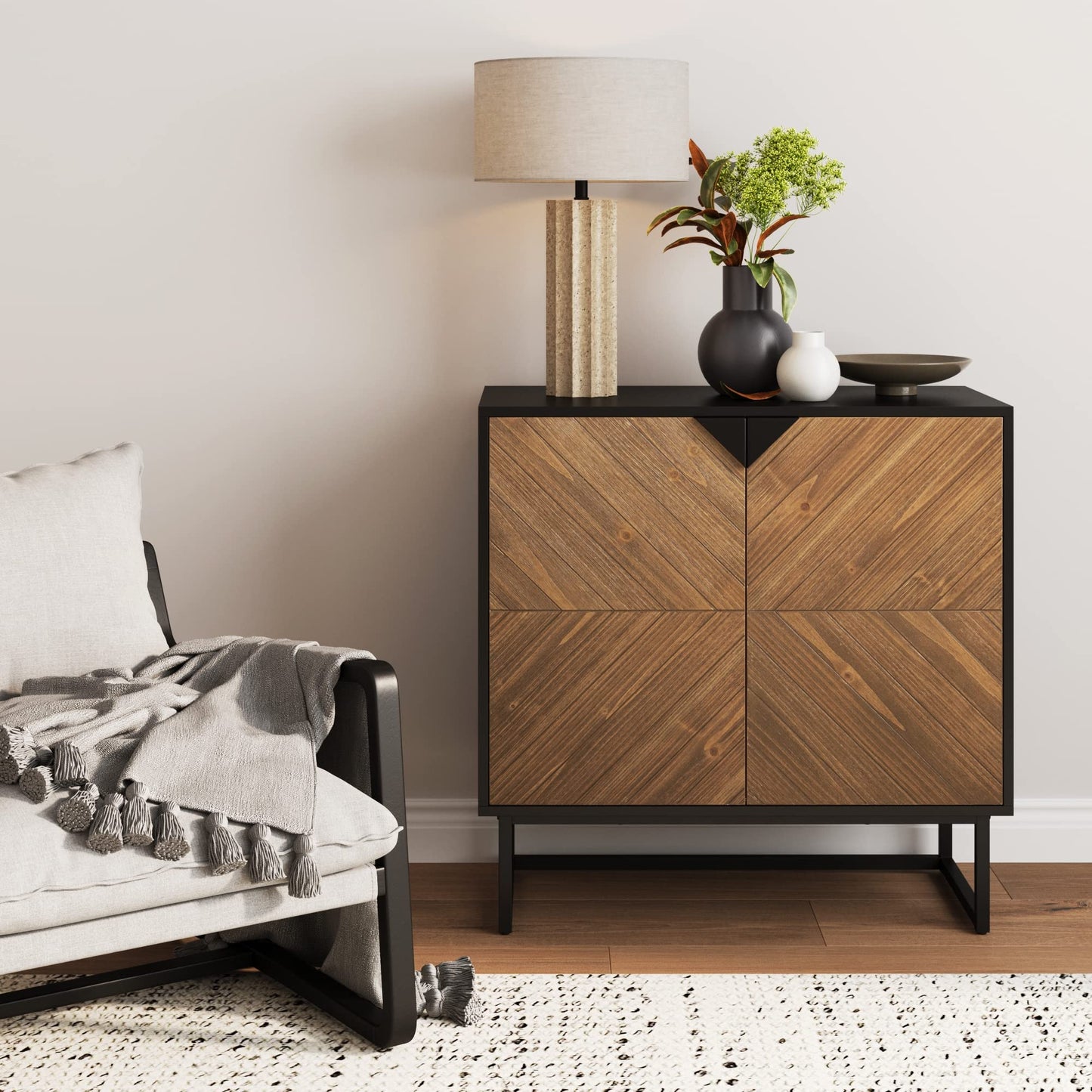 Enloe Modern Sideboard Buffet Storage Accent Cabinet Black with Doors in a Rustic Pine Wood Finish and Matte Metal Base for Hallway, Entryway, Kitchen or Living Room, Walnut Brown/Black