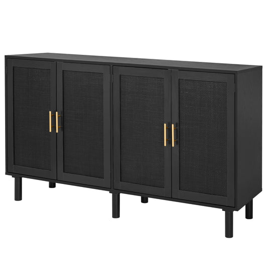 4 Door Sideboard Buffet Cabinet, Kitchen Storage Cabinet with Black Painted Rattan Decorated Doors, Cupboard Console Table, Boho Accent Liquor Cabinet, 62.3X 15.7X 34.6 Inches, Full Black