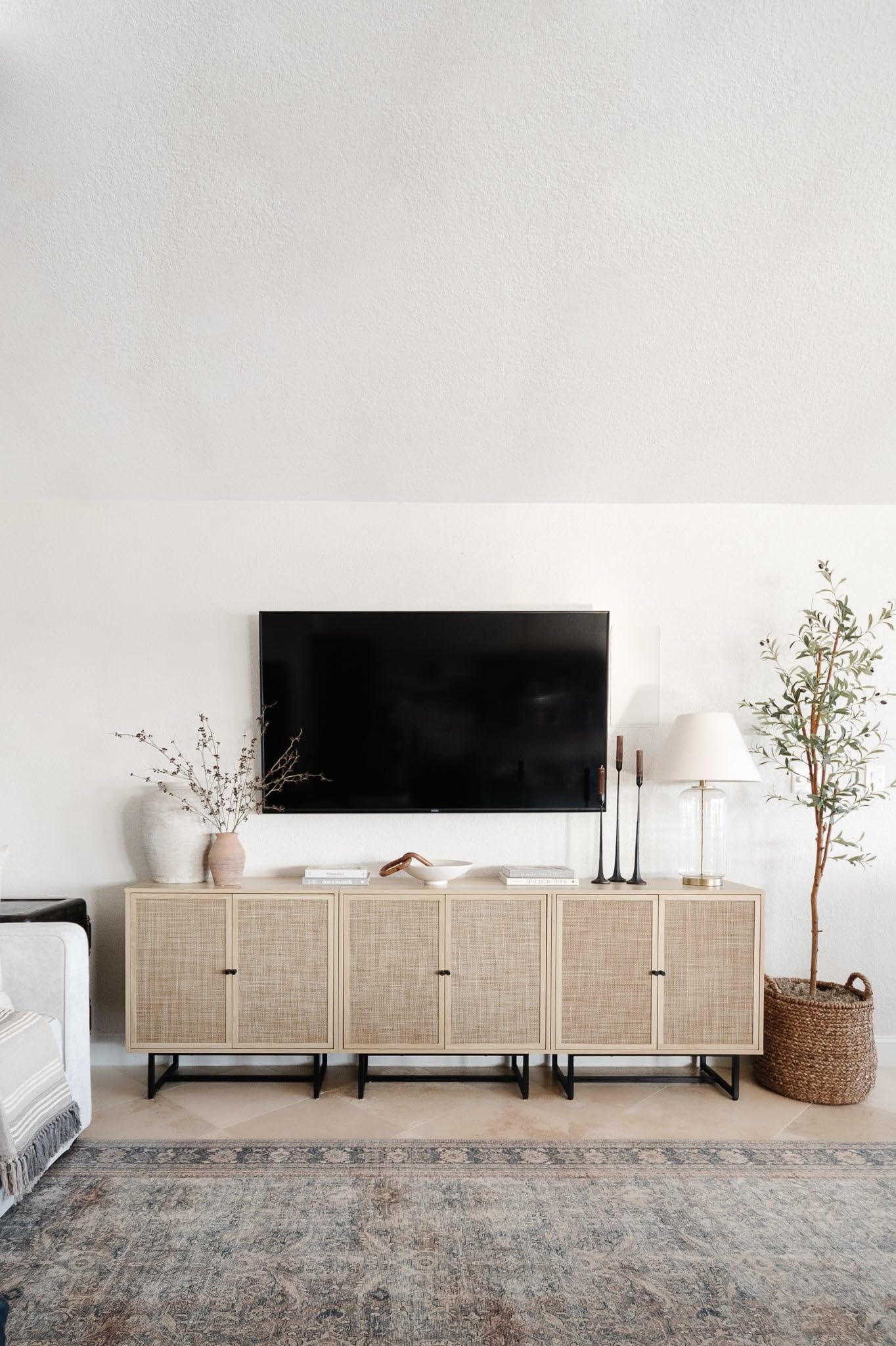 Accent Sideboard Storage Cabinet in Light Wood and Rattan with Metal Frame, Adjustable Shelves and Cane Doors, for Hallway, or Living Room, Light Oak/Cane/Black