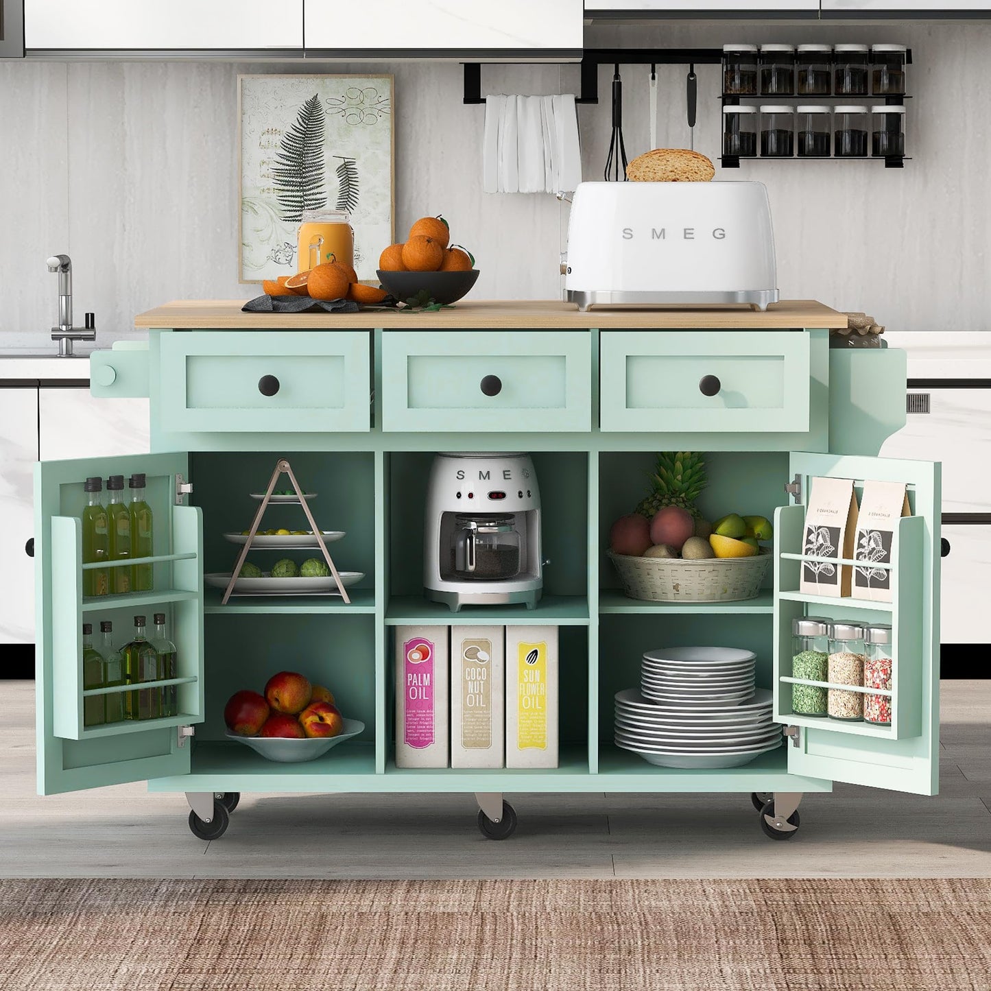 Rolling Kitchen Island with Storage, Moveable Kitchen Island with Drop Leaf, Portable Kitchen Storage Islands & Carts with Drawers and Shelves for Dinning Room