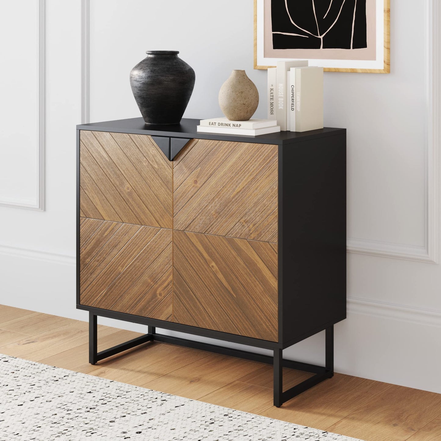 Enloe Modern Sideboard Buffet Storage Accent Cabinet Black with Doors in a Rustic Pine Wood Finish and Matte Metal Base for Hallway, Entryway, Kitchen or Living Room, Walnut Brown/Black