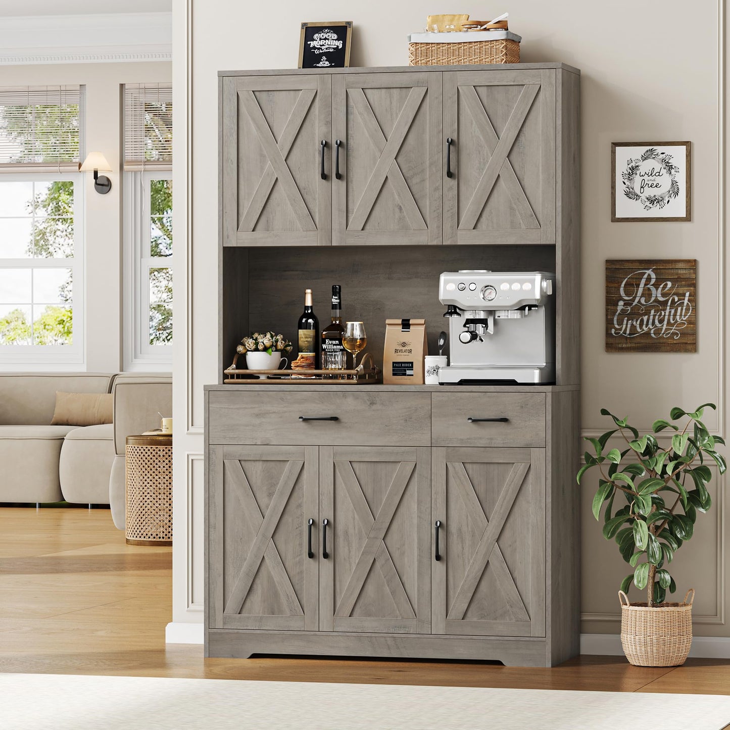 71" Pantry Cabinet with Charging Station, Tall Kitchen Pantry Storage Cabinet with Microwave Stand, Farmhouse Kitchen Hutch Cabinet with Storage Drawers for Living Room, Dining Room, Ash Grey