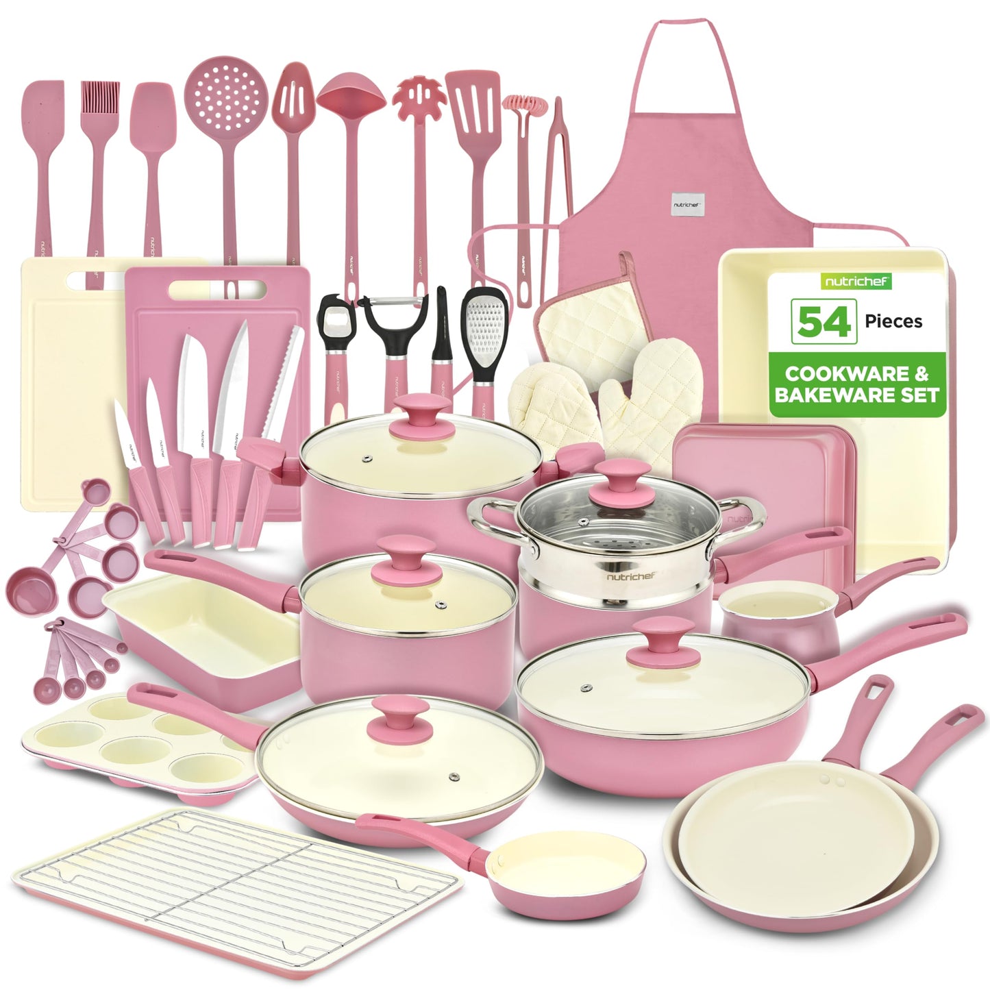 54-Piece Kitchen Cookware Set – Complete Non-Stick Ceramic Pots and Pans Set with Utensils, Bakeware, and Knife Set, Gas, Electric & Induction Compatible, Blush Pink Kitchen Essentials