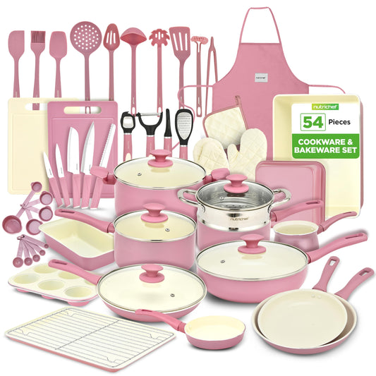 54-Piece Kitchen Cookware Set – Complete Non-Stick Ceramic Pots and Pans Set with Utensils, Bakeware, and Knife Set, Gas, Electric & Induction Compatible, Blush Pink Kitchen Essentials