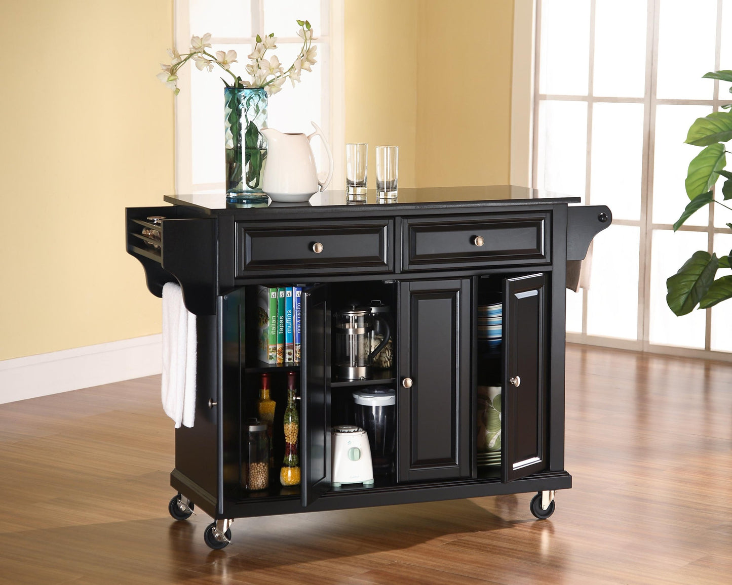 Full Size Granite Top Rolling Kitchen Island Storage Cart, Microwave Stand, Spice Rack, Black