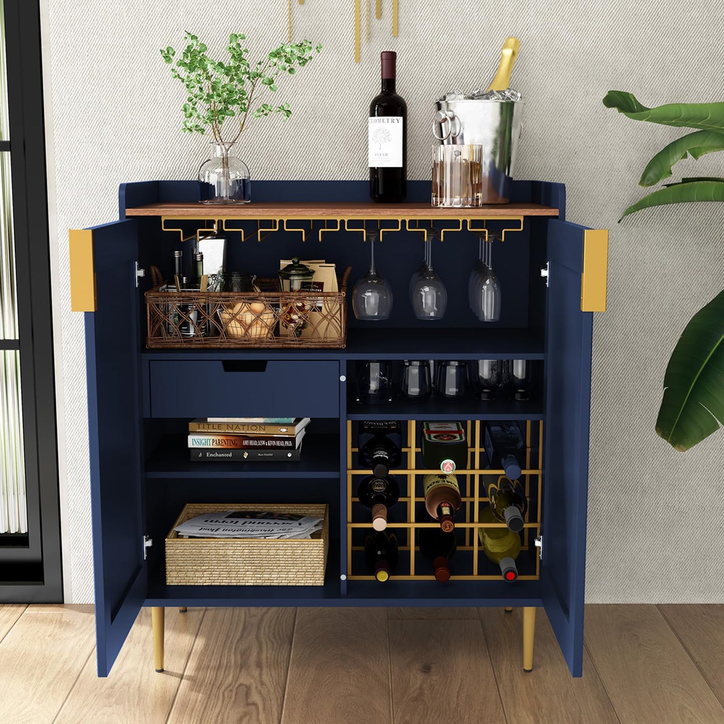 Sideboard Buffet Cabinet with Fluted Texture, Modern Coffee Bar Cabinet with Wine Rack&Drawers, Blue Liquor Cabinet for Kitchen Dining Room, Living Room