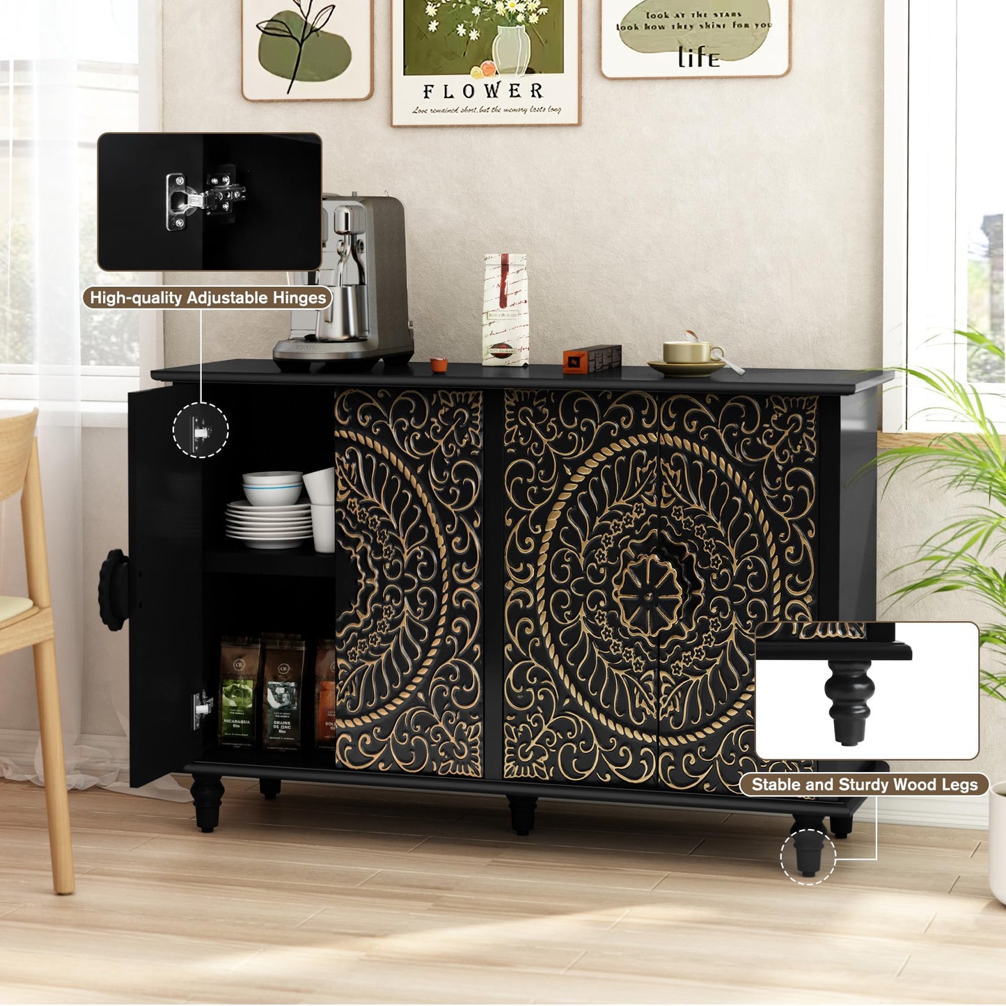 Decorative Sideboard Buffet Cabinet with 4 Doors, Black Accent Storage Cabinet with Carved Flower Pattern, Wood Credenza for Living Room, Hallway, Dining Room, Kitchen