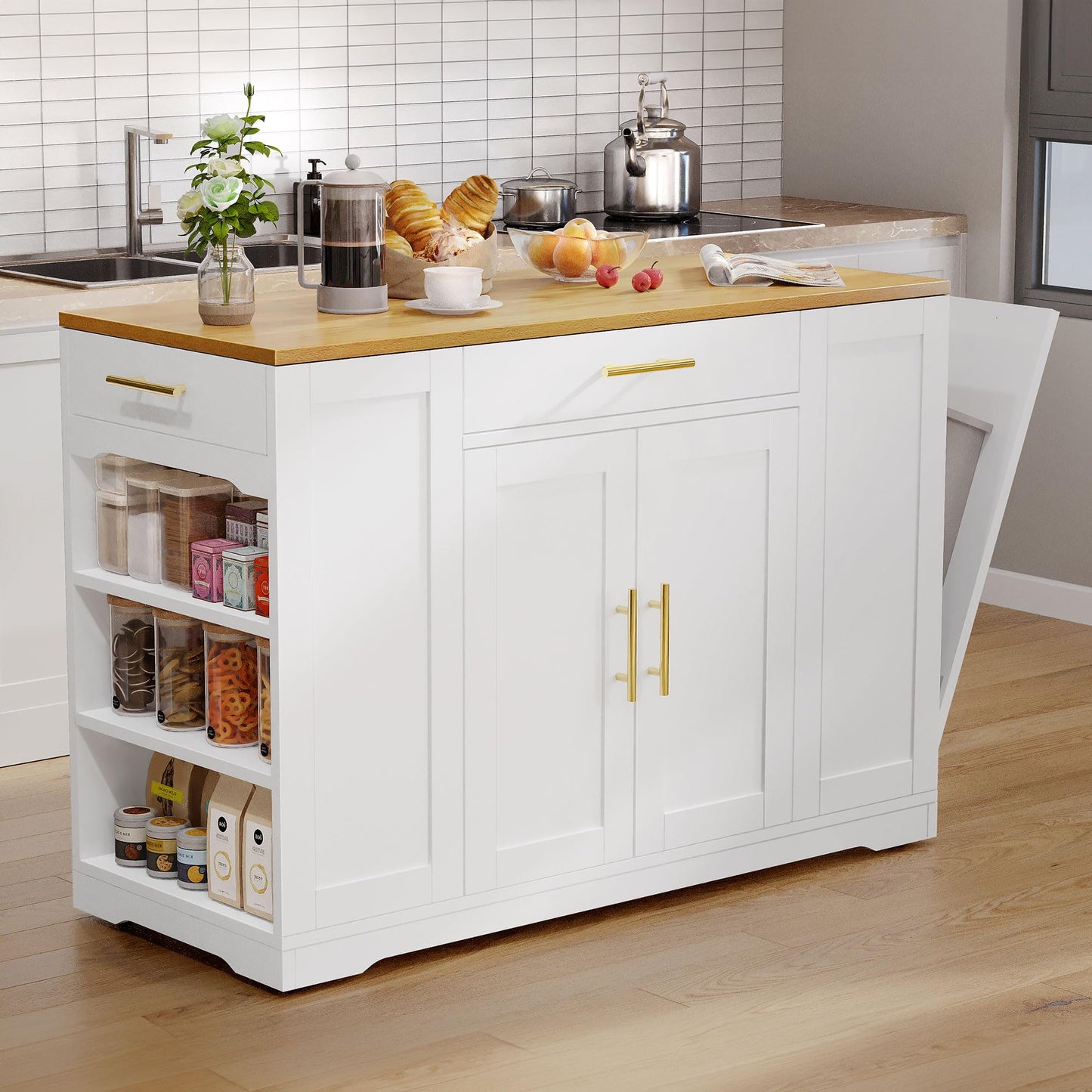 53 inch Large Rolling Kitchen Island with Trash Can Storage Cabinet, Portable Mobile Islands Table Long Floating Movable w Wheels Cabinet for 13 Gallon Garbage Bin 2 Drawer, White Oak