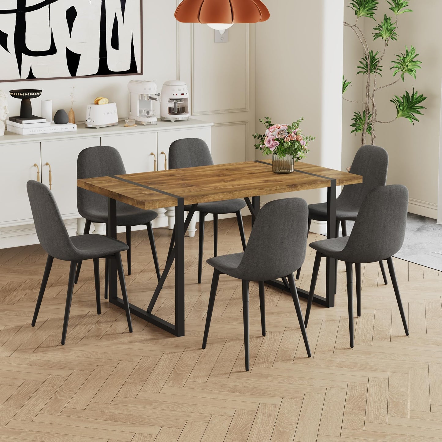 Dining Table Set for 6, Modern 55'' Dark Wood Dining Table and Fabric Dining Chairs Set of 6,Table and Chairs Set of 6,Ideal for Kitchen Dining Room