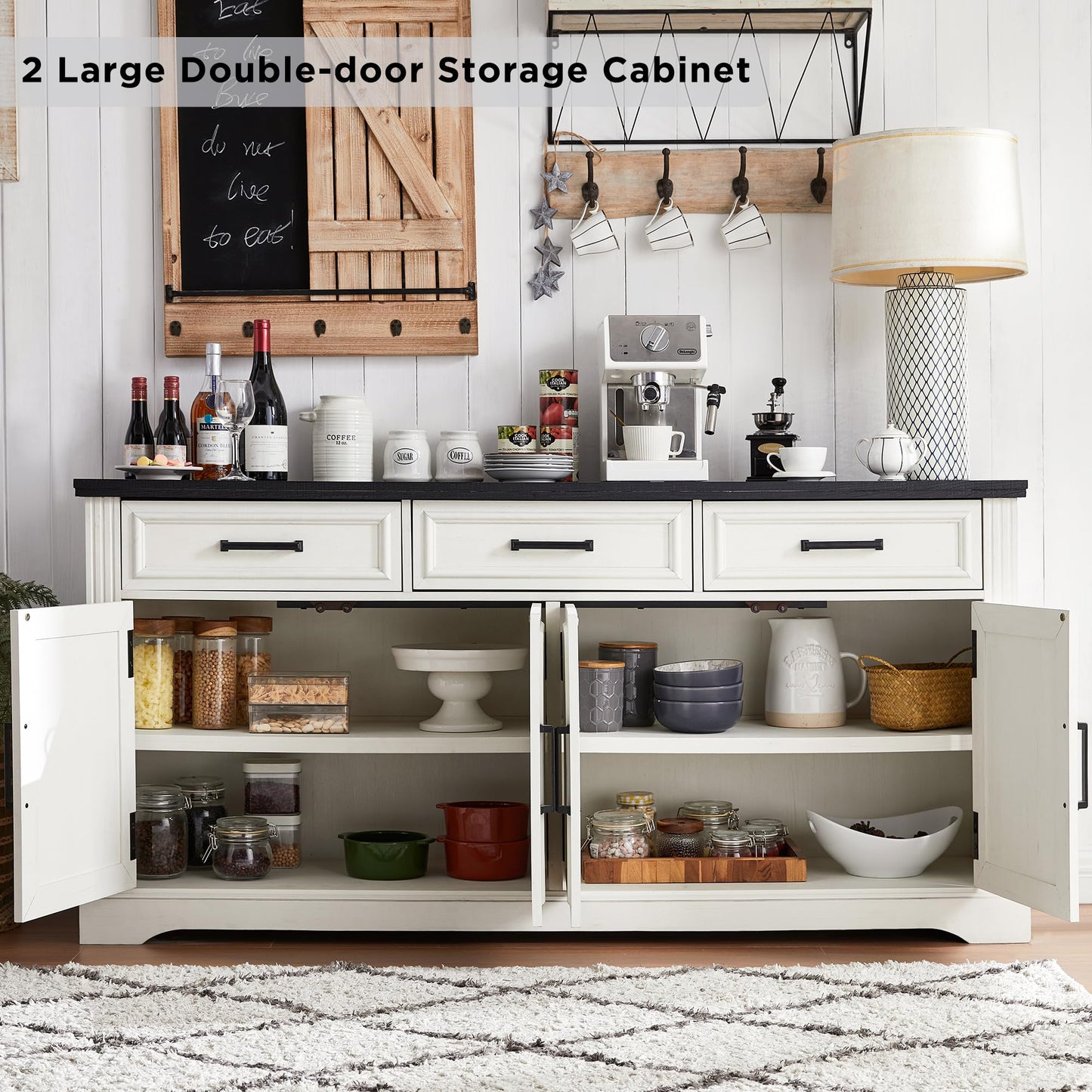 66" Large Buffet Sideboard Cabinet with 4 Doors and 3 Drawers, Buffet Table Coffee Bar Wine Bar Storage Cabinet for Dining Room, Living Room (Off White)