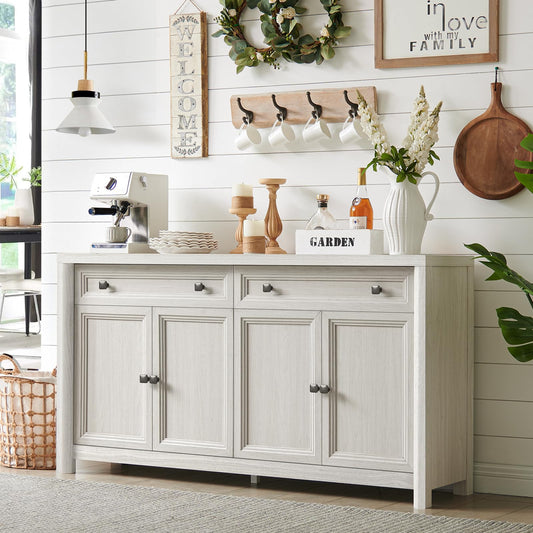 Farmhouse Sideboard Buffet with Drawers, 59" Large Credenza Storage Cabinet with Shelves & 4 Doors, Wood Rustic Kitchen Coffee Bar Console for Living Room, White