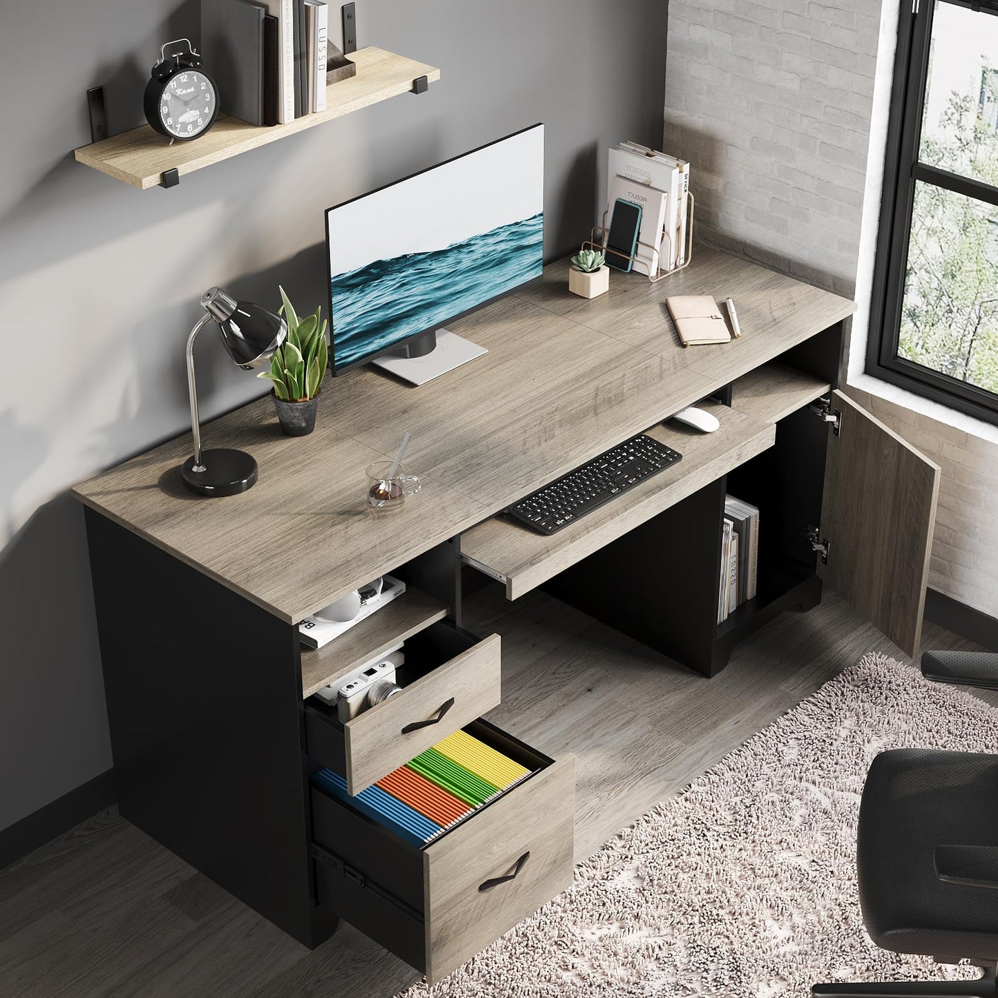 59” Executive Desk with 2 Drawers, Computer Desk with Storage Cabinet, Industrial Wood Desk with File Drawer, Keyboard Tray & 2 Pedestals for Home Office & Studio, Gray