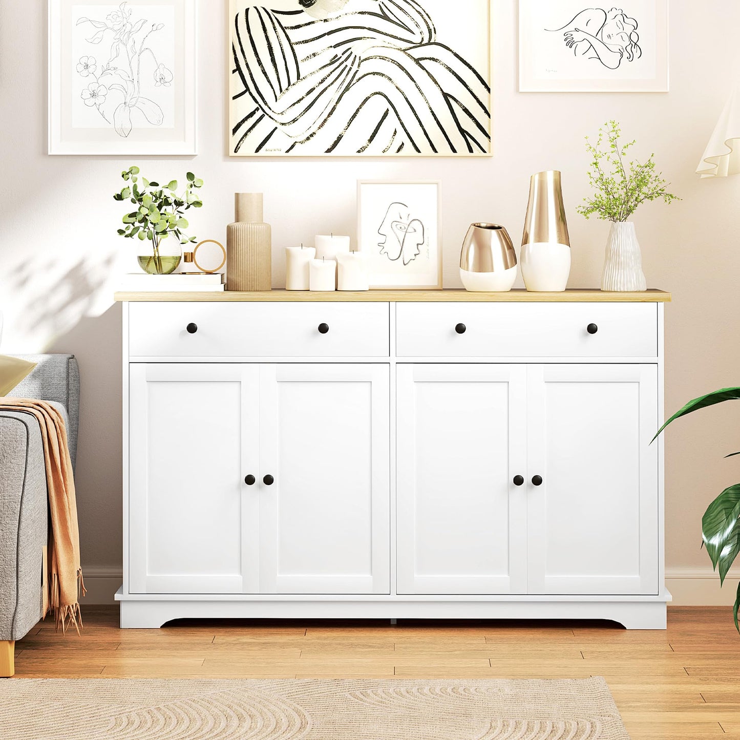 Sideboard Buffet Cabinet with Storage, 55" Modern Kitchen Cabinet with 2 Doors, 2 Drawers and 2 Adjustable Shelves, Coffee Bar Cabinet, White