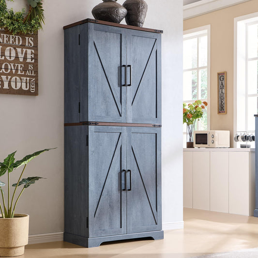 72" Tall Kitchen Pantry, Farmhouse Storage Cabinet with Barn Doors, Organizer, Drawer and Adjustable Shelves, Rustic Wood Cupboard for Kitchen, Dining Room, Bathroom and Hallway, Rustic Blue