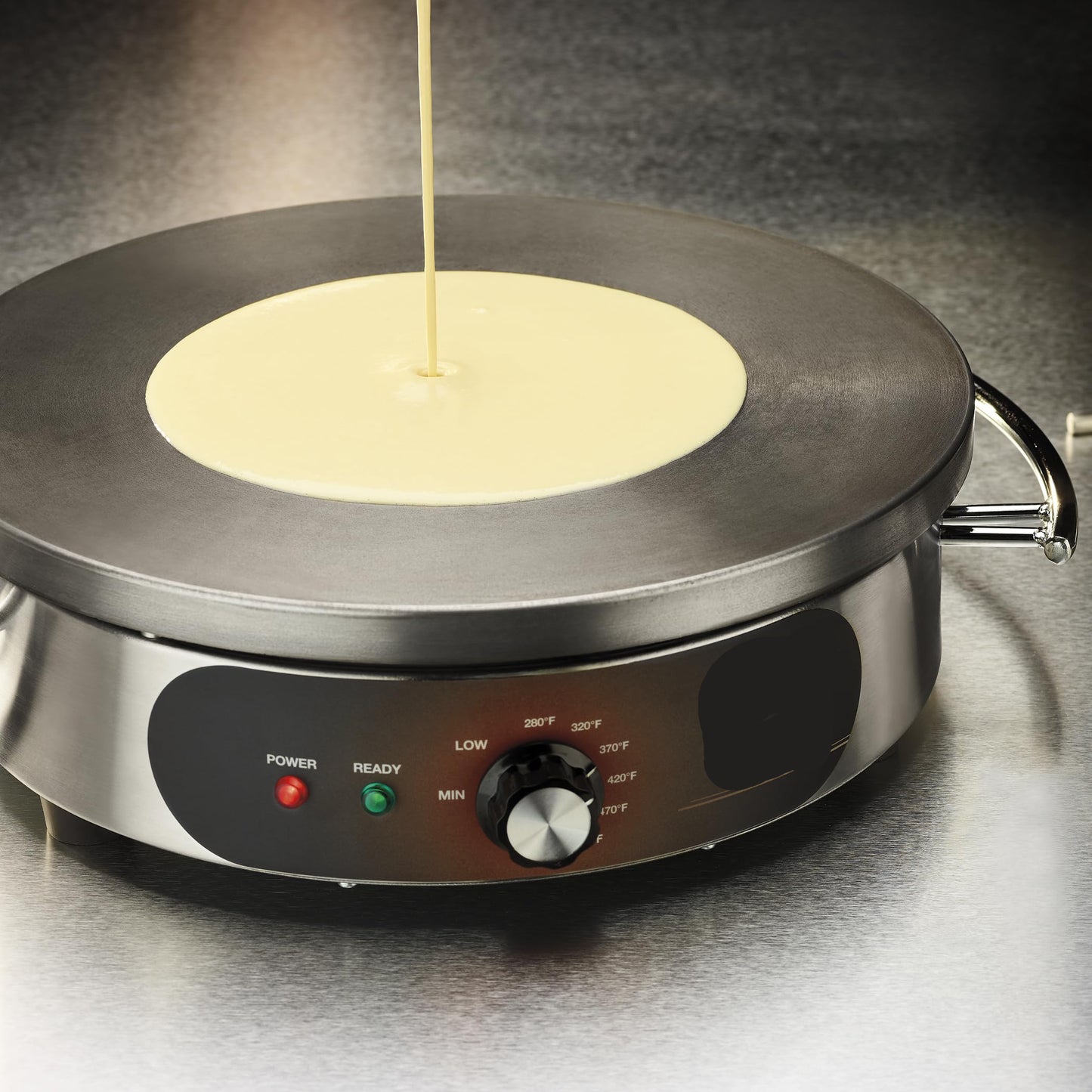 Commercial WSC160X 16" Electric Crepe Maker, Cast Iron Cooking Surface, Stainless Steel Base, Includes Batter Spreader and Spatula, 120V, 1800W, 5-15 Phase Plug