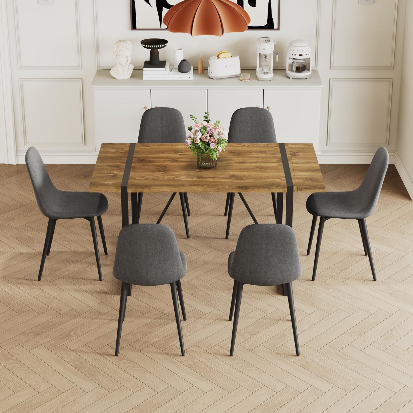 Dining Table Set for 6, Modern 55'' Dark Wood Dining Table and Fabric Dining Chairs Set of 6,Table and Chairs Set of 6,Ideal for Kitchen Dining Room