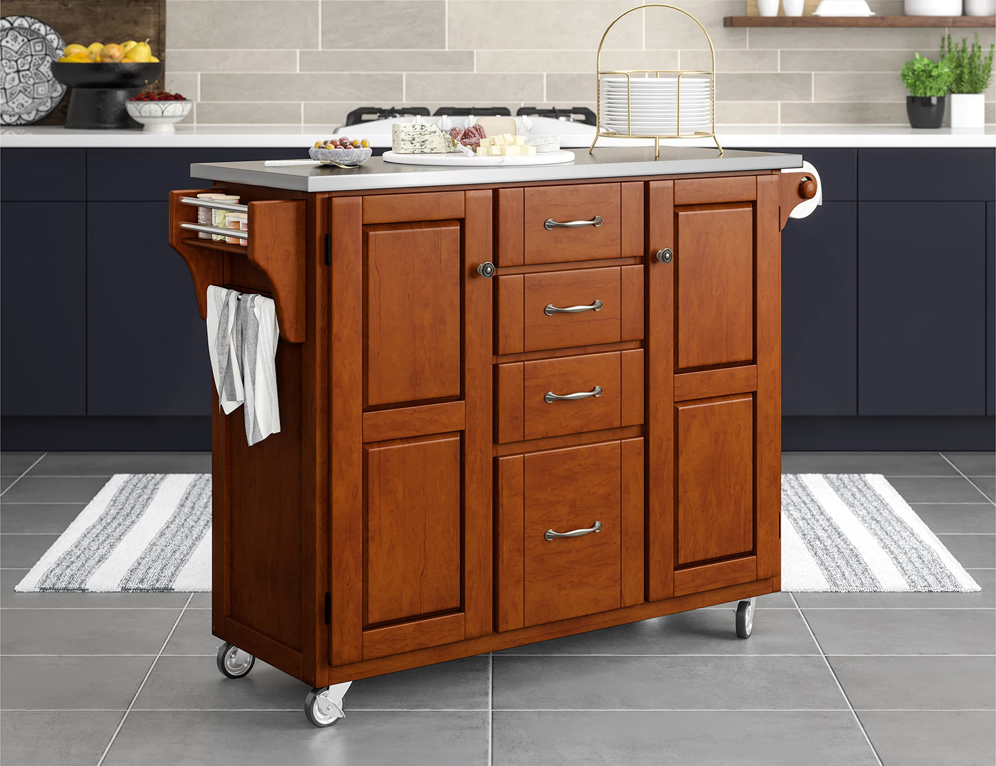 Create-a-Cart Medium Cherry Two-door Cabinet with Stainless Steel Top, Two Wood Panel Doors, Adjustable Shelves, Four Drawers, Two Towel Bars, Spice Rack, and Rubber Casters