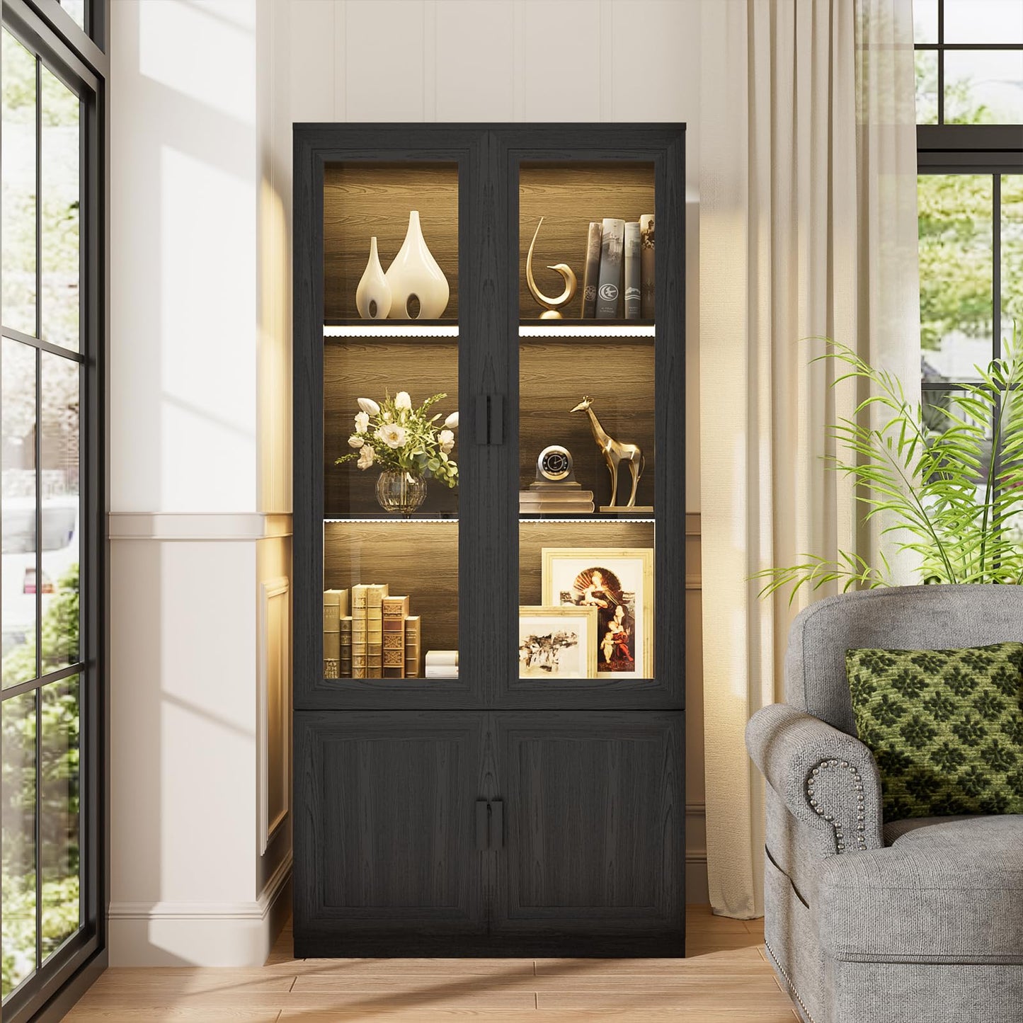 Display Cabinet with Glass Doors, Curio Cabinet with 3 Shelves, Bookcase with LED Lights, Storage Cabinet with Magnetic Lock & Buffer Hinge