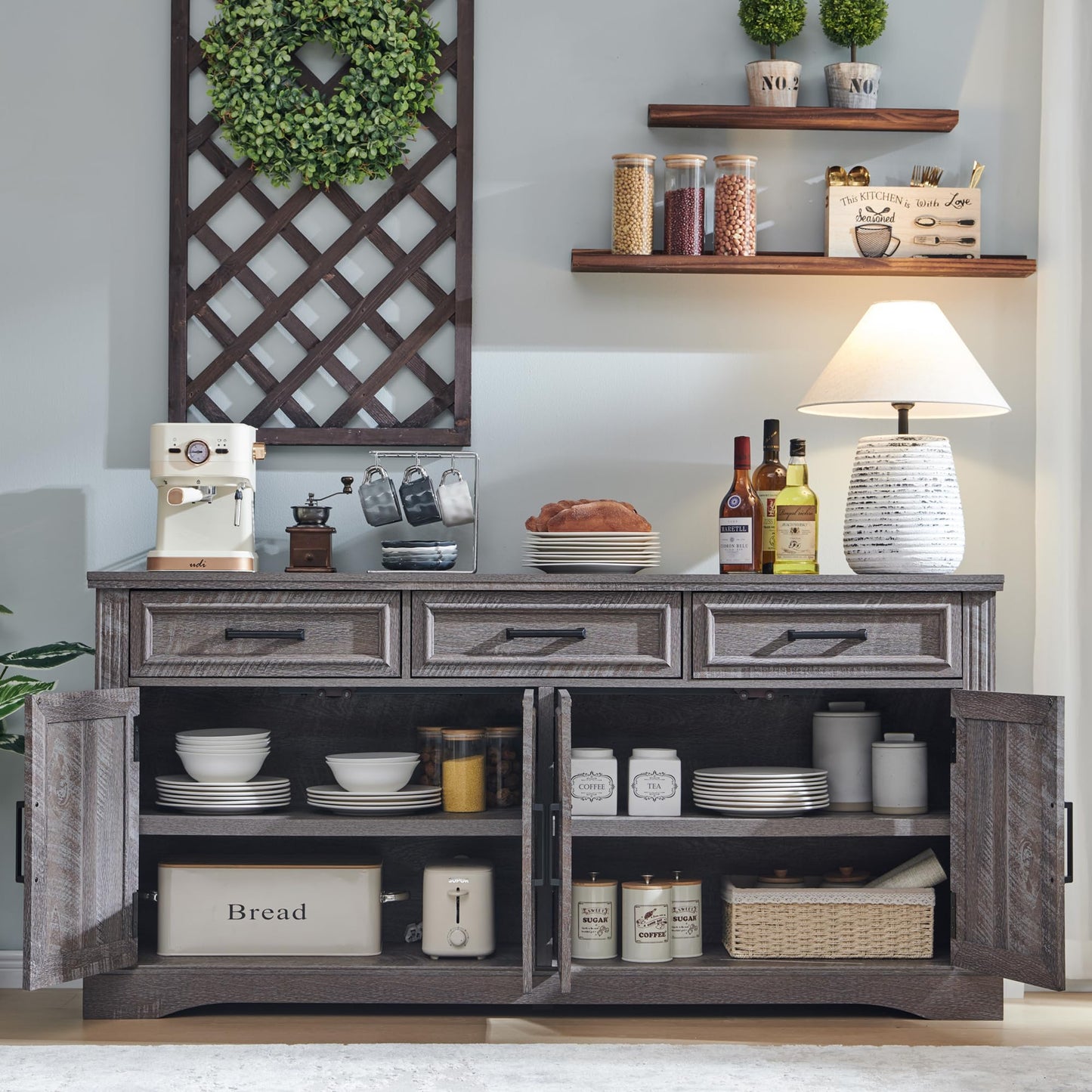 66" Large Buffet Sideboard Cabinet with 4 Doors and 3 Drawers, Buffet Table Coffee Bar Wine Bar Storage Cabinet for Dining Room, Living Room, Weatherworn Grey