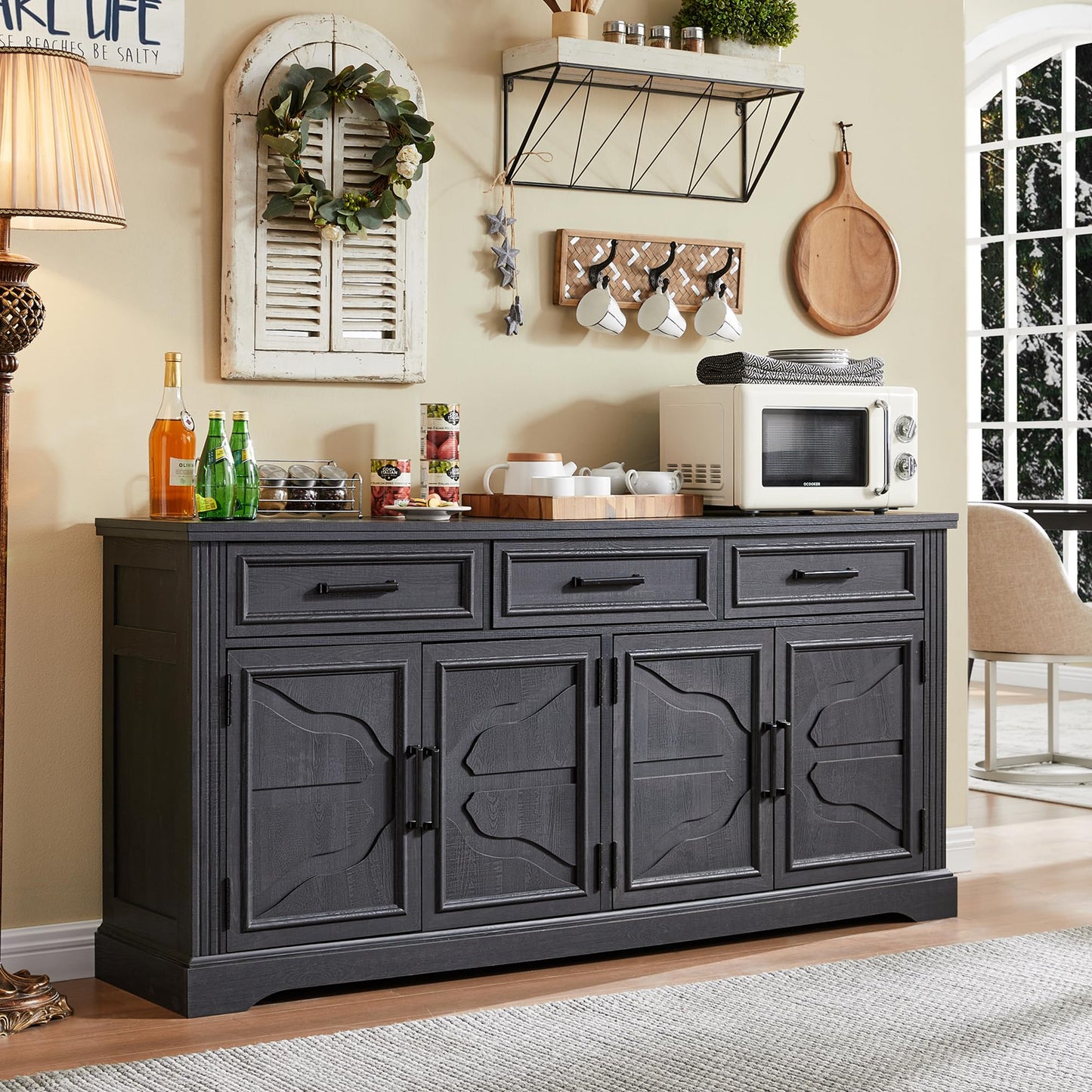 66" Large Buffet Sideboard Cabinet with 4 Doors and 3 Drawers, Buffet Table Coffee Bar Wine Bar Storage Cabinet for Dining Room, Living Room, Black