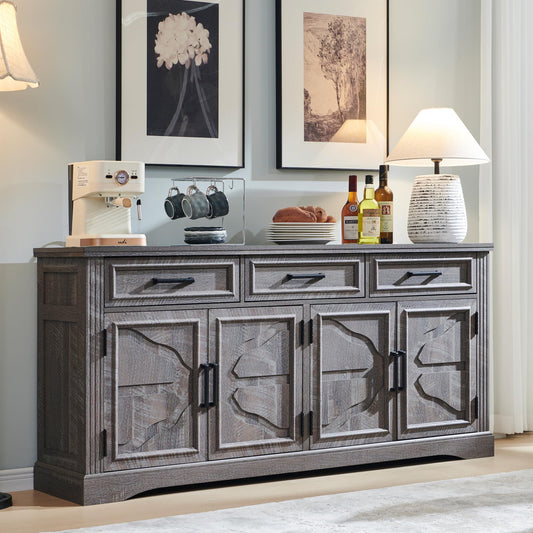 66" Large Buffet Sideboard Cabinet with 4 Doors and 3 Drawers, Buffet Table Coffee Bar Wine Bar Storage Cabinet for Dining Room, Living Room, Weatherworn Grey