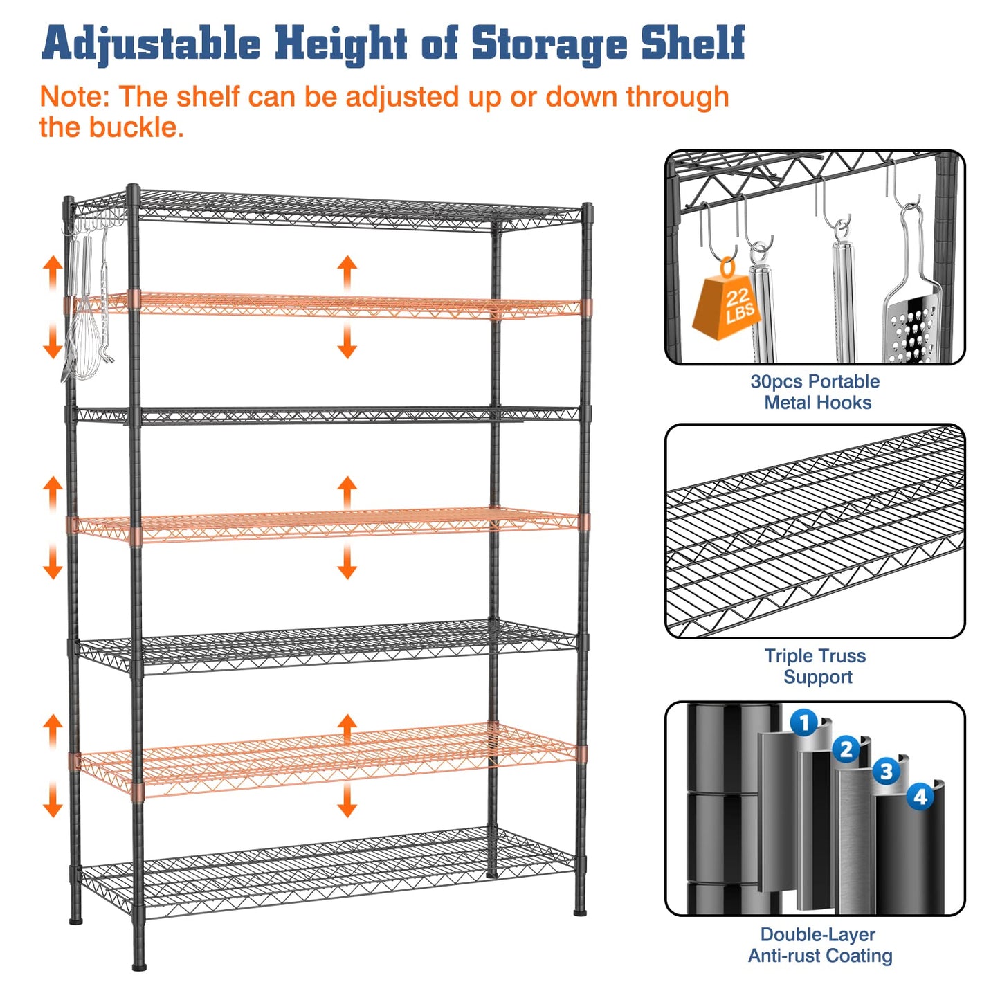 Wire Shelving Unit with Wheels, NSF Certified 4 Tier Adjustable Storage Shelves 48"×24"×72", 2400LBS Heavy Duty Shelving Commercial Grade Metal Storage Utility Rack for Kitchen Garage, Black