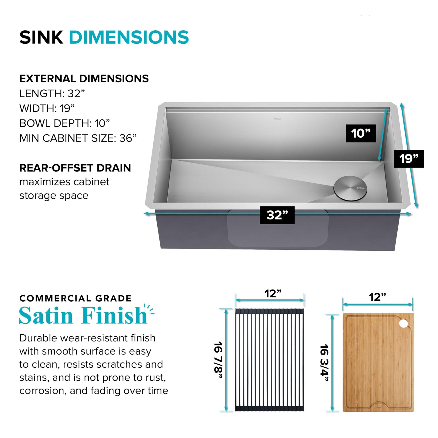 32-Inch Undermount Workstation 16 Gauge Single Bowl Stainless Steel Kitchen Sink with Accessories