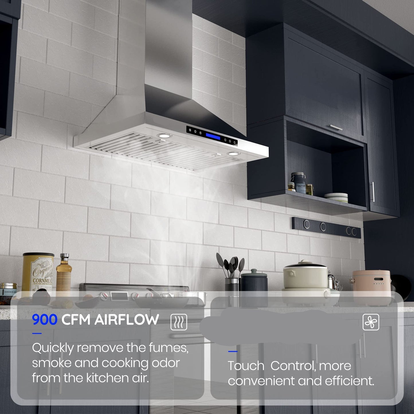 Range Hood, Wall Mount Hood 900 CFM Kitchen Hood Vent 4 Speeds Touch Control LCD Display With Remote /3 Pcs Baffle Filters / 2 Pcs 3W Led Lamp/Vent-less or Recirculation Operation (NAP02-36IN)