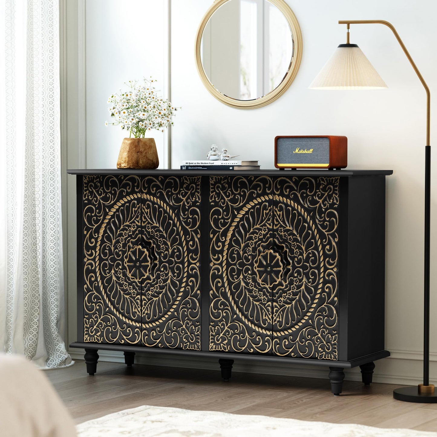 Decorative Sideboard Buffet Cabinet with 4 Doors, Black Accent Storage Cabinet with Carved Flower Pattern, Wood Credenza for Living Room, Hallway, Dining Room, Kitchen