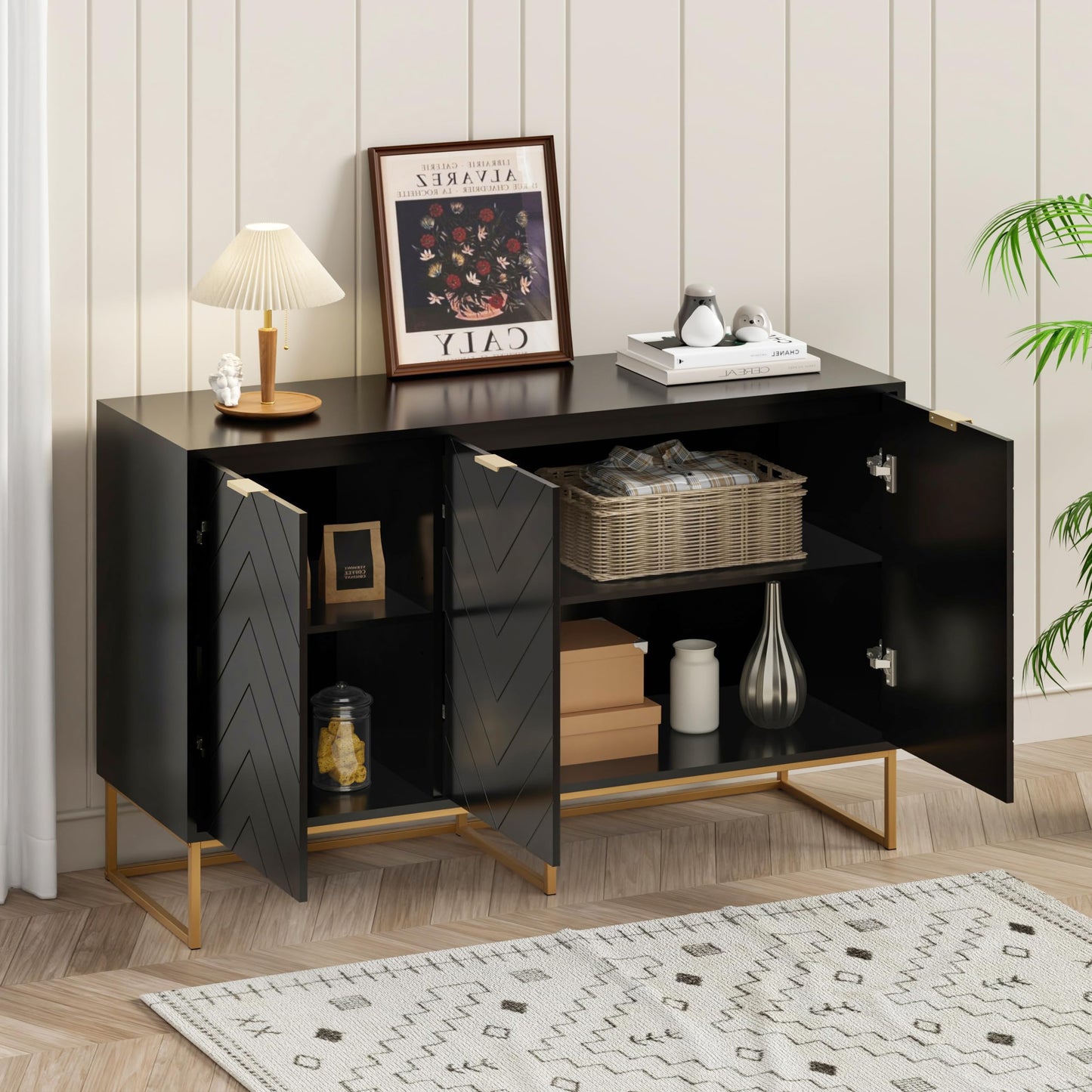 Black Sideboard Buffet Cabinet with 3 Doors, Sideboard Buffet Cabinet with Adjustable Shelf, Accent Sideboard Storage Cabinet, Antique Cabinet for Living Room&Kitchen