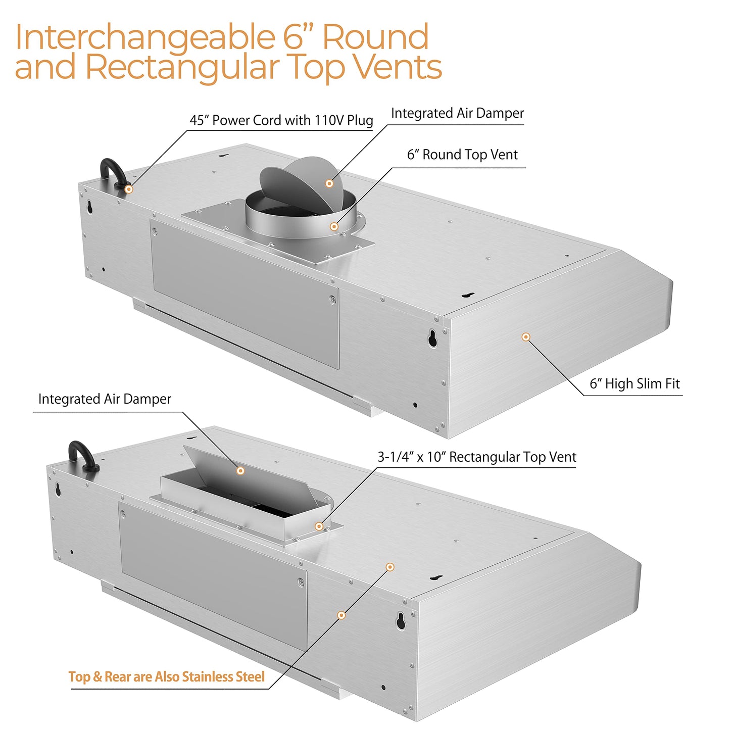 Classic 6" High Stainless Steel Under Cabinet 4 Speeds 900CFM Range Hood with 2 LED Lights Top Vent (30"W Top Vent)