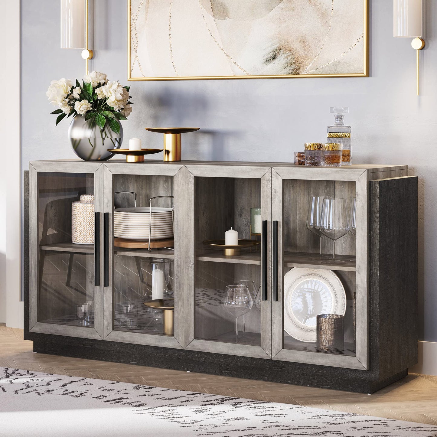 Sideboard Buffet Cabinet, Modern Wood Glass-Buffet-Sideboard with Storage, Console Table for Kitchen, Dining Room, Living Room, Hallway, or Entrance - Brixston (Grey)